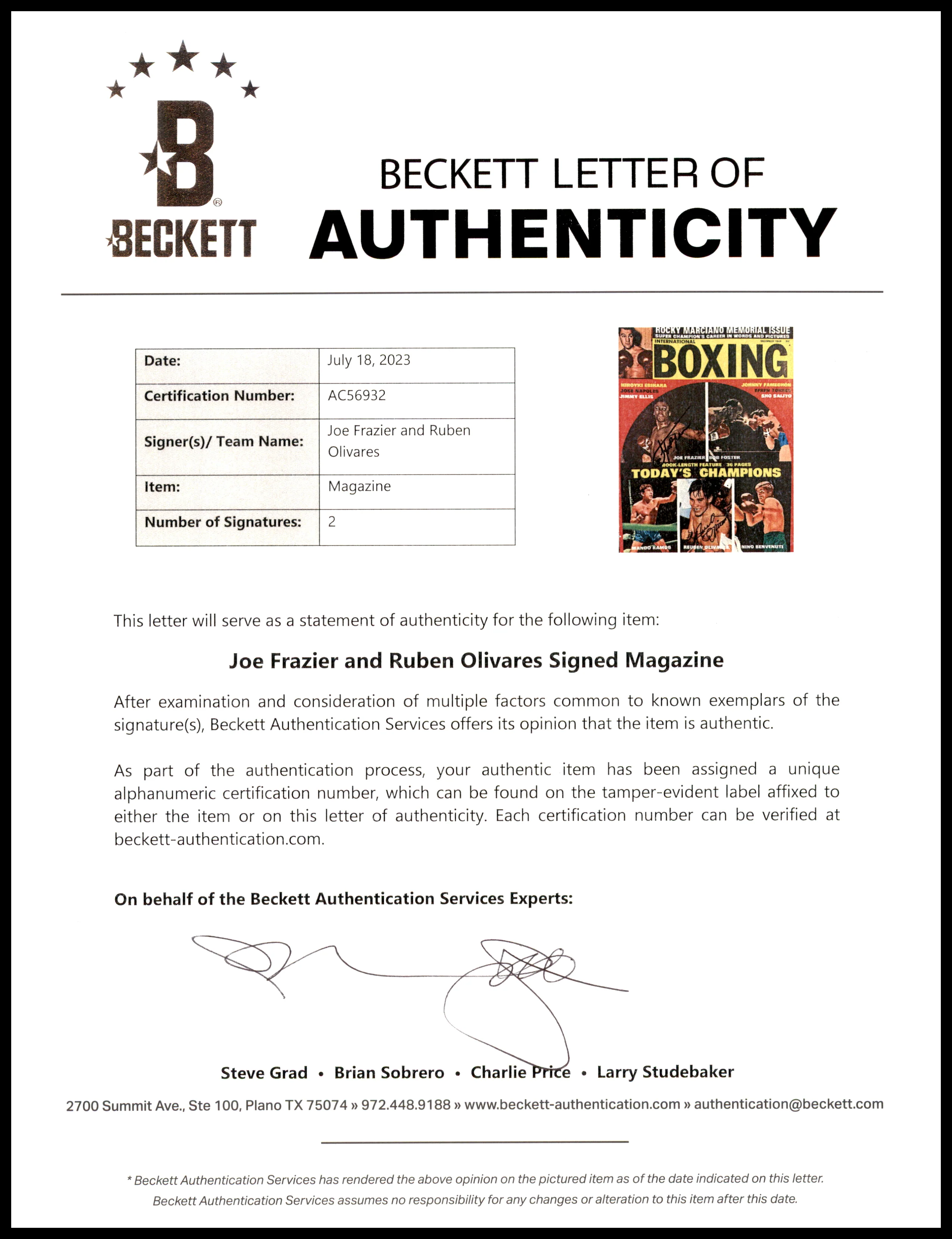 Joe Frazier & Ruben Olivares Autographed International Boxing Magazine Beckett BAS #AC56932 - Image 3