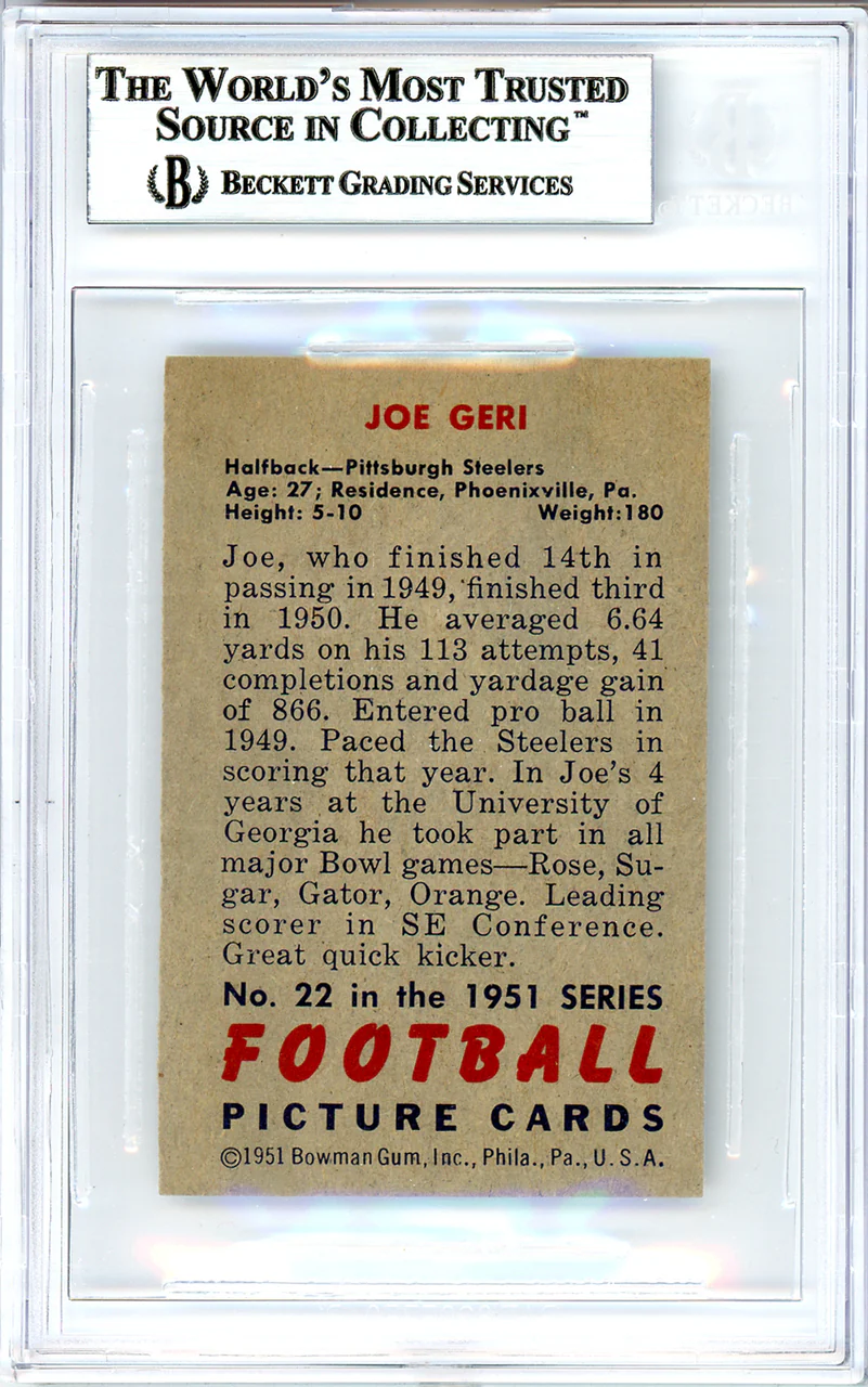 Joe Geri Autographed 1951 Bowman Card #22 Pittsburgh Steelers Beckett BAS #10736546 - Image 2
