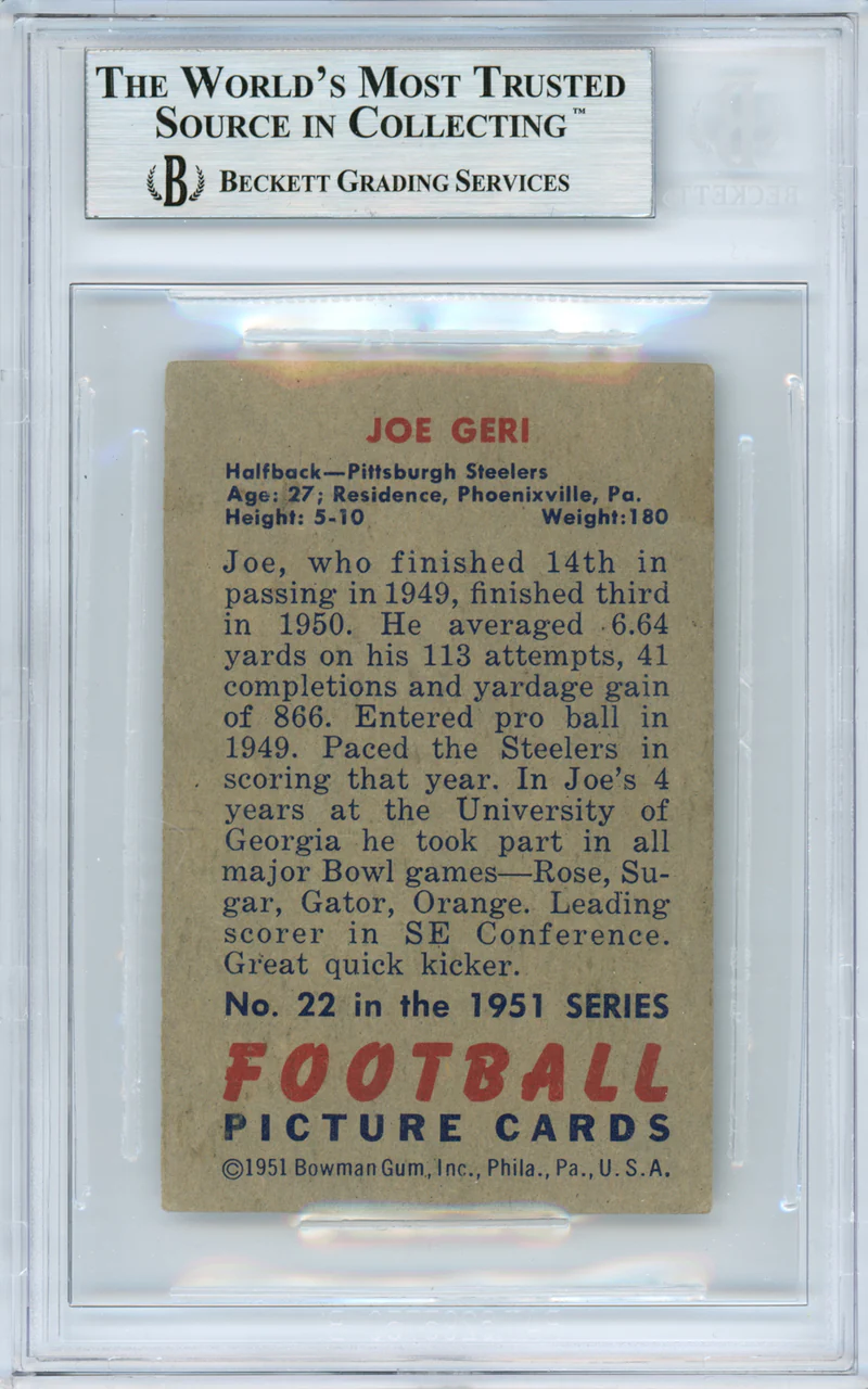 Joe Geri Autographed 1951 Bowman Card #22 Pittsburgh Steelers Beckett BAS #10838469 - Image 2