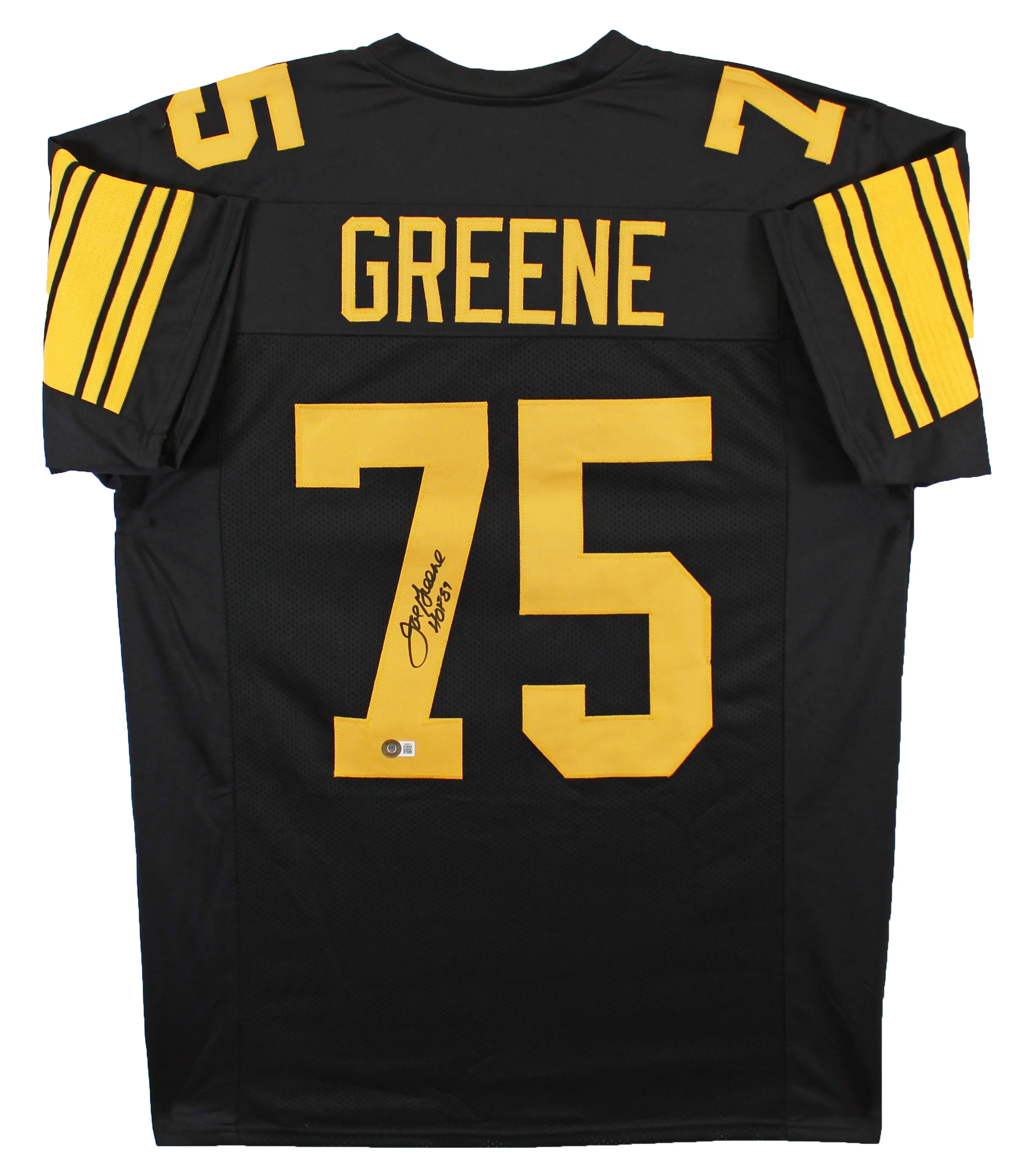Joe Greene "HOF 87" Signed Black Pro Style Jersey w/ Yellow #'s BAS Witnessed - Image 2