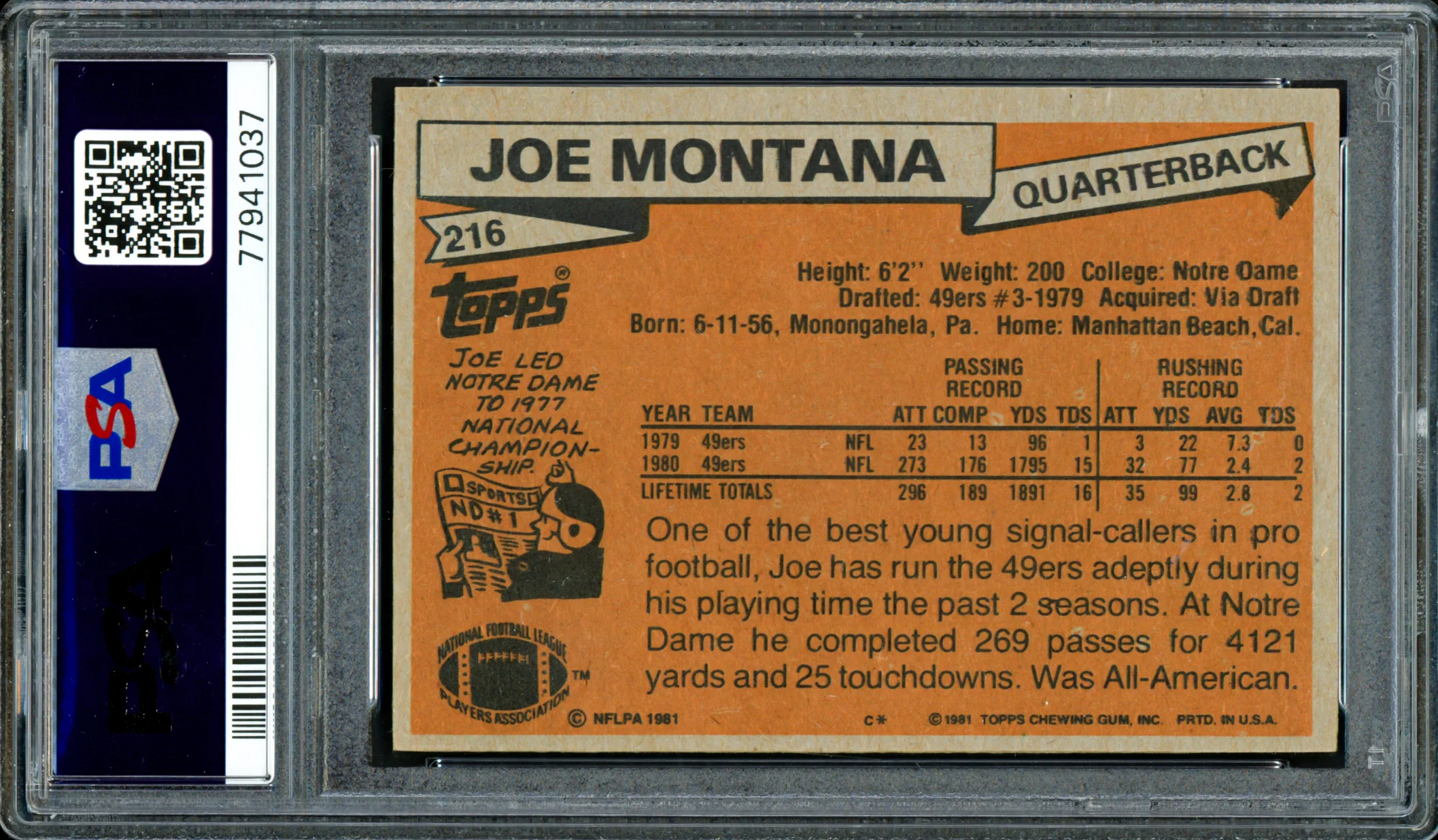 Joe Montana Autographed 1981 Topps Rookie Card #216 San Francisco 49ers Auto Grade Gem Mint 10 PSA/DNA #77941037 - Image 2