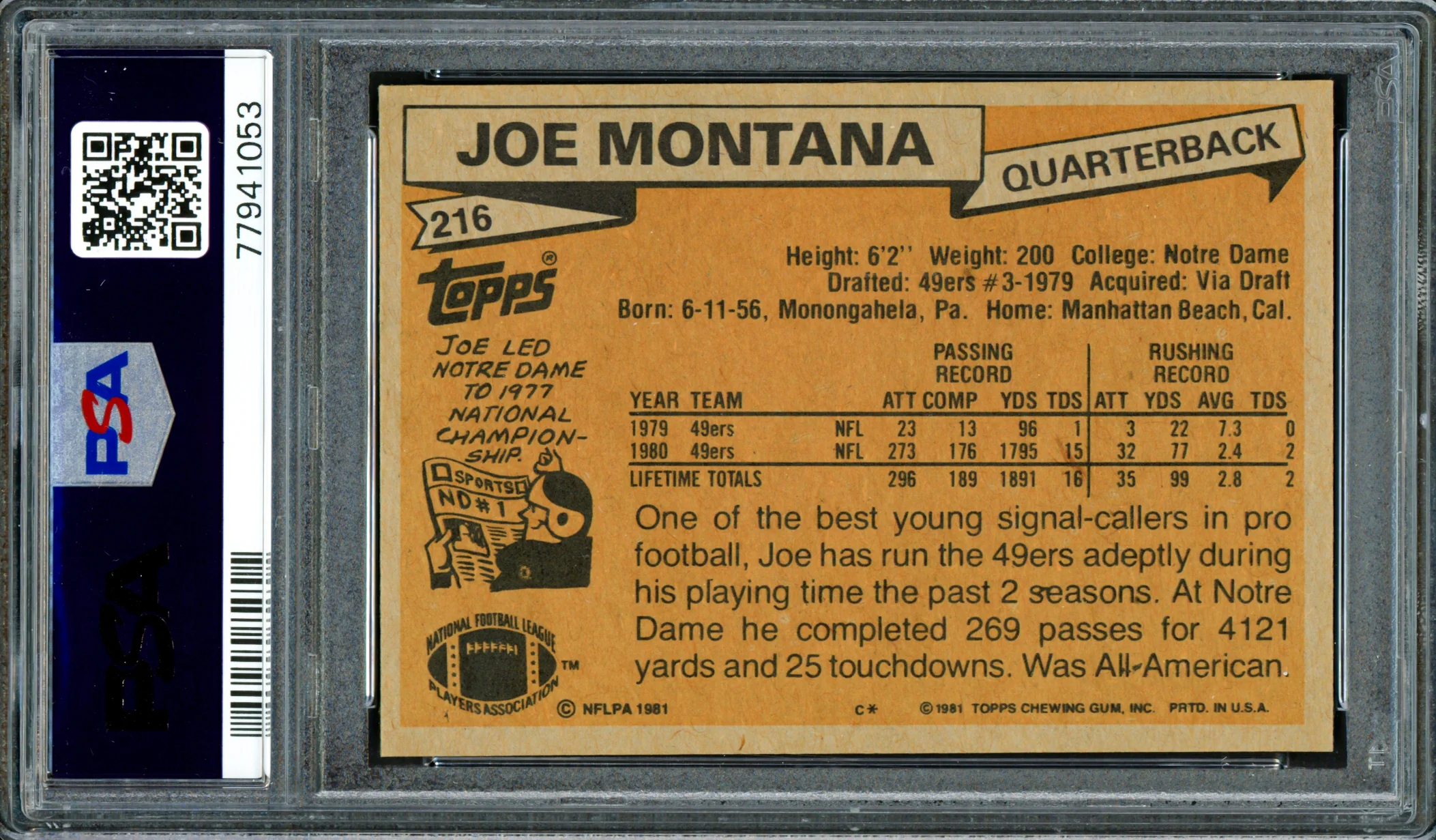 Joe Montana Autographed 1981 Topps Rookie Card #216 San Francisco 49ers Auto Grade Gem Mint 10 PSA/DNA #77941053 - Image 2