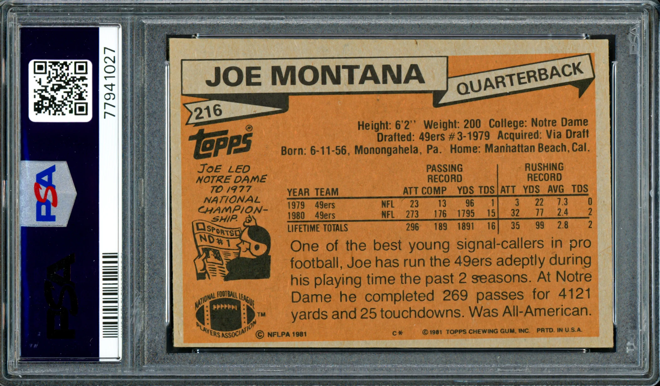 Joe Montana Autographed 1981 Topps Rookie Card #216 San Francisco 49ers PSA 4 Auto Grade Gem Mint 10 PSA/DNA #77941027 - Image 2