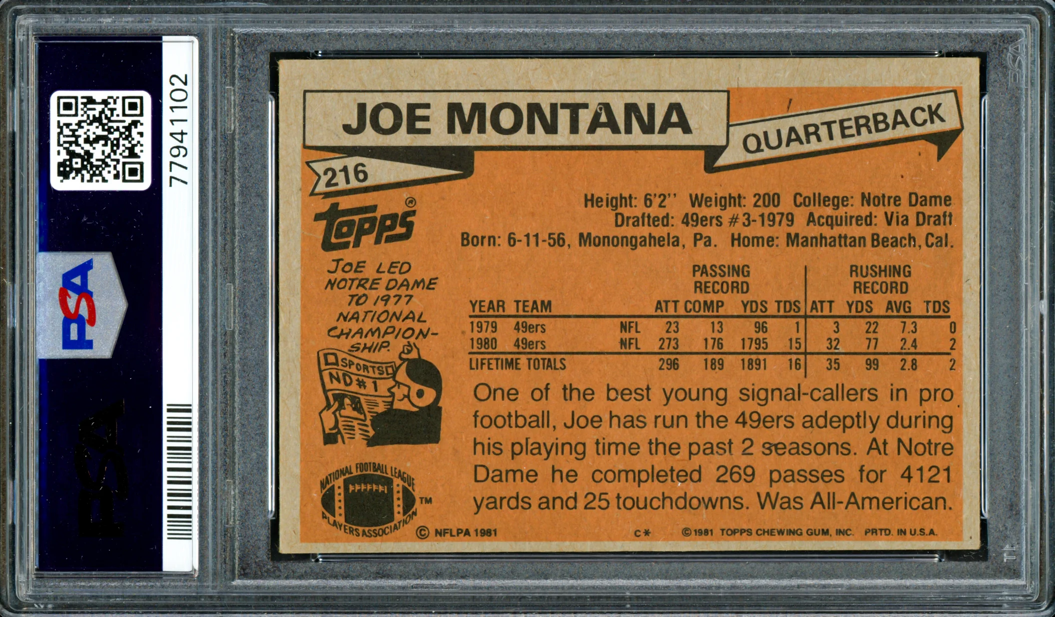 Joe Montana Autographed 1981 Topps Rookie Card #216 San Francisco 49ers PSA 4 Auto Grade Gem Mint 10 PSA/DNA #77941102 - Image 2