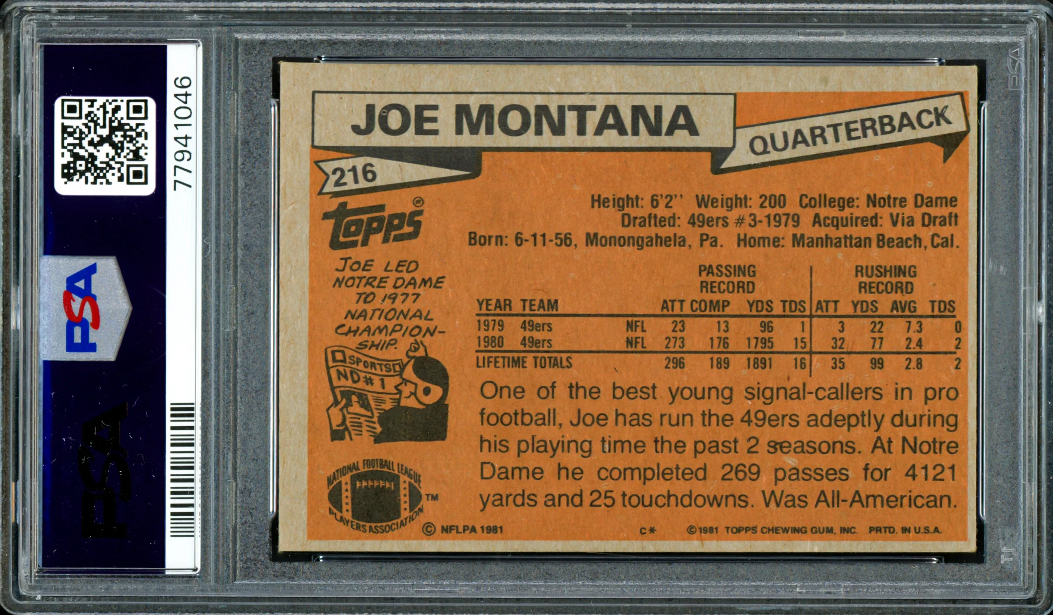 Joe Montana Autographed 1981 Topps Rookie Card #216 San Francisco 49ers PSA 5 Auto Grade Gem Mint 10 PSA/DNA #77941046 - Image 2