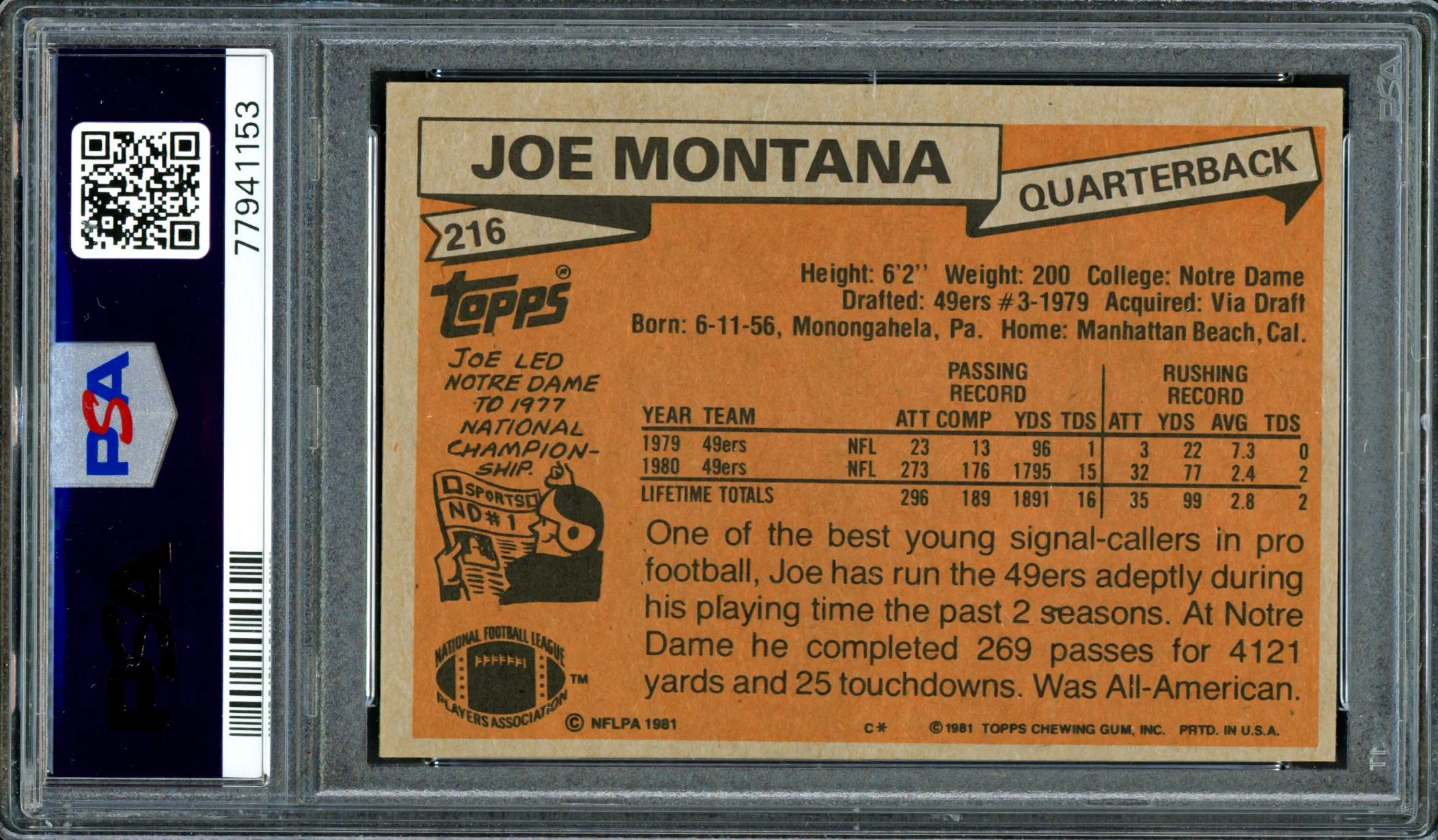 Joe Montana Autographed 1981 Topps Rookie Card #216 San Francisco 49ers PSA 6 Auto Grade Gem Mint 10 PSA/DNA #77941153 - Image 2
