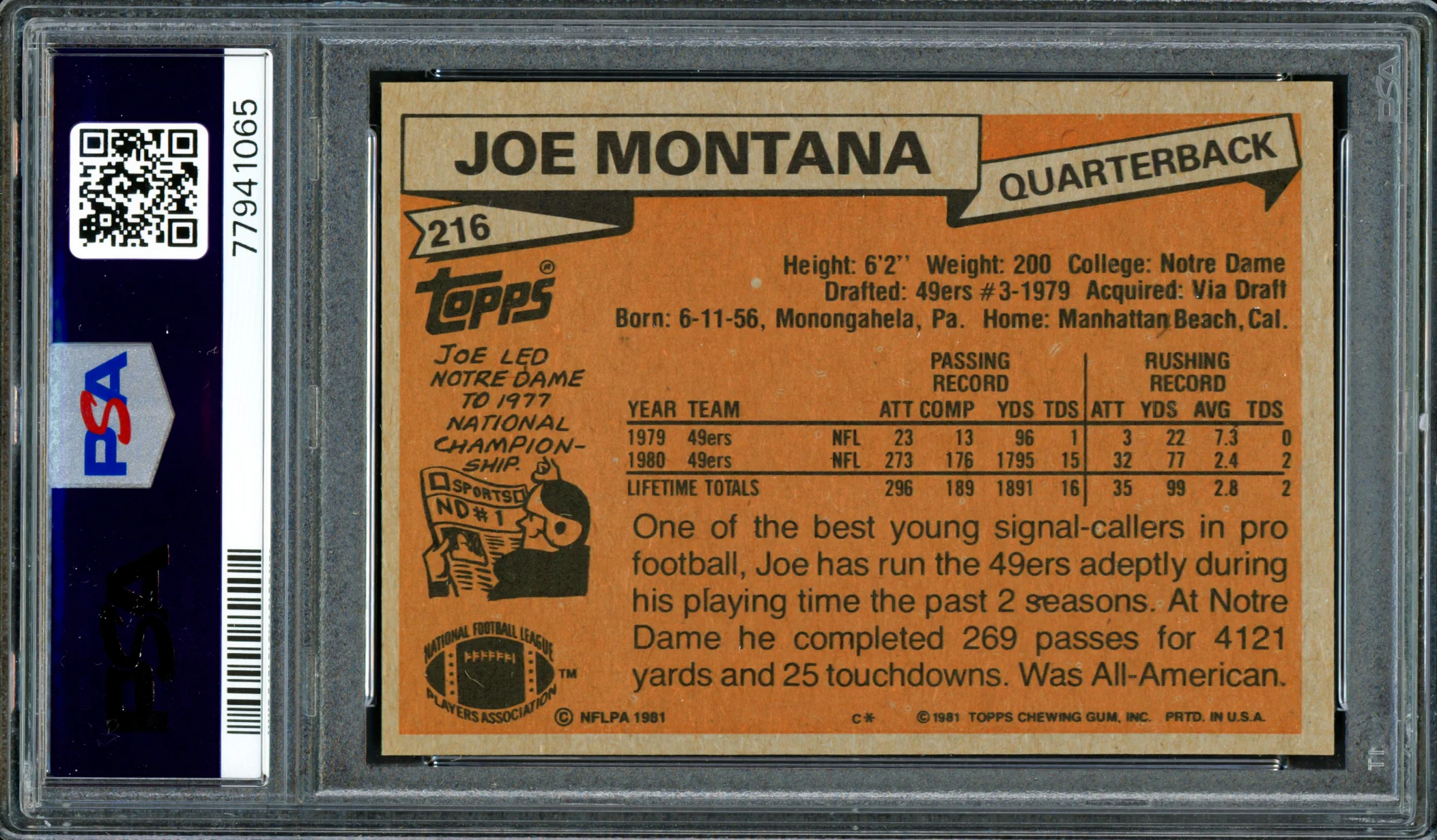 Joe Montana Autographed 1981 Topps Rookie Card #216 San Francisco 49ers PSA 7 Auto Grade Gem Mint 10 PSA/DNA #77941065 - Image 2