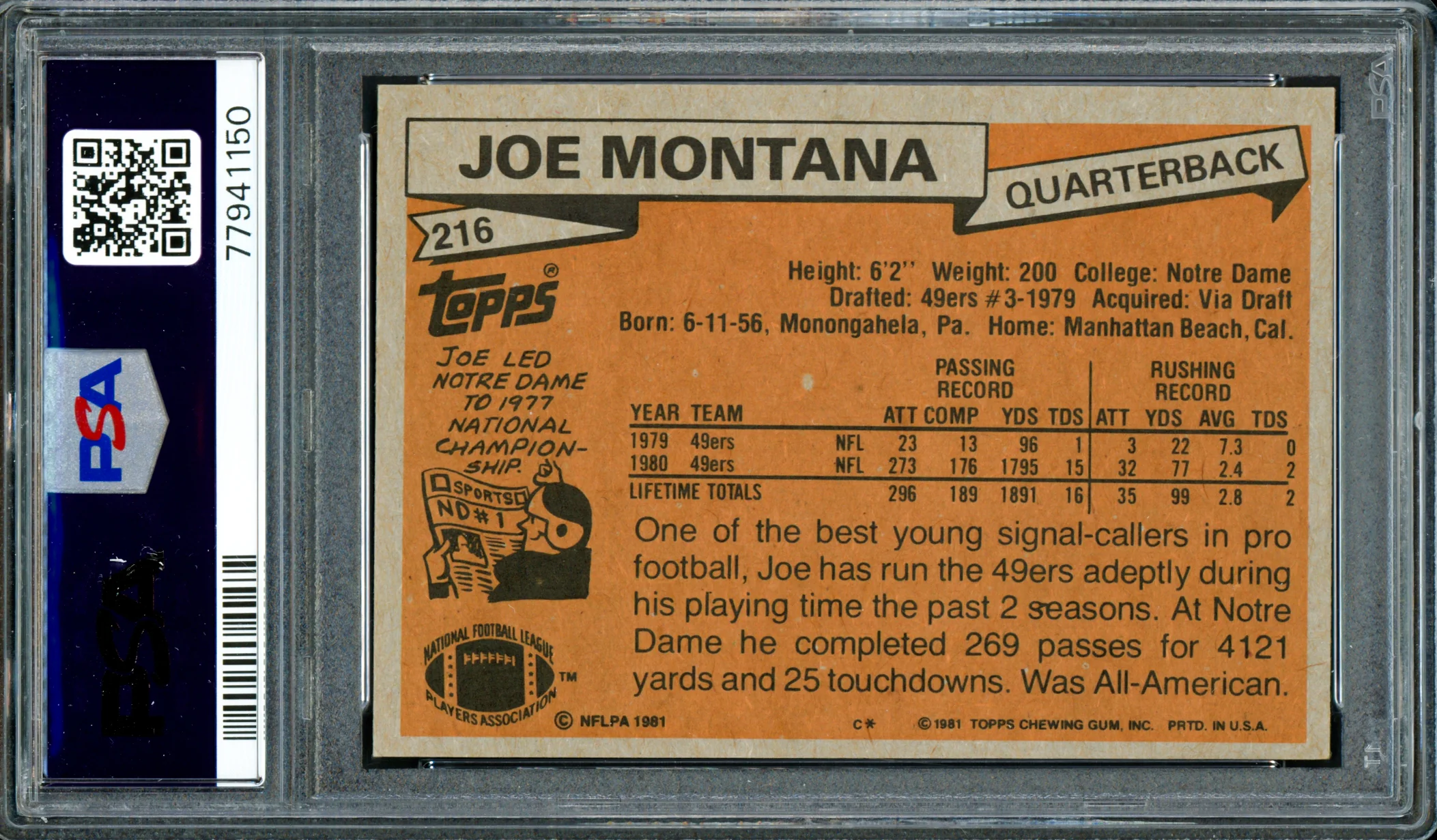 Joe Montana Autographed 1981 Topps Rookie Card #216 San Francisco 49ers PSA 7 Auto Grade Gem Mint 10 PSA/DNA #77941150 - Image 2