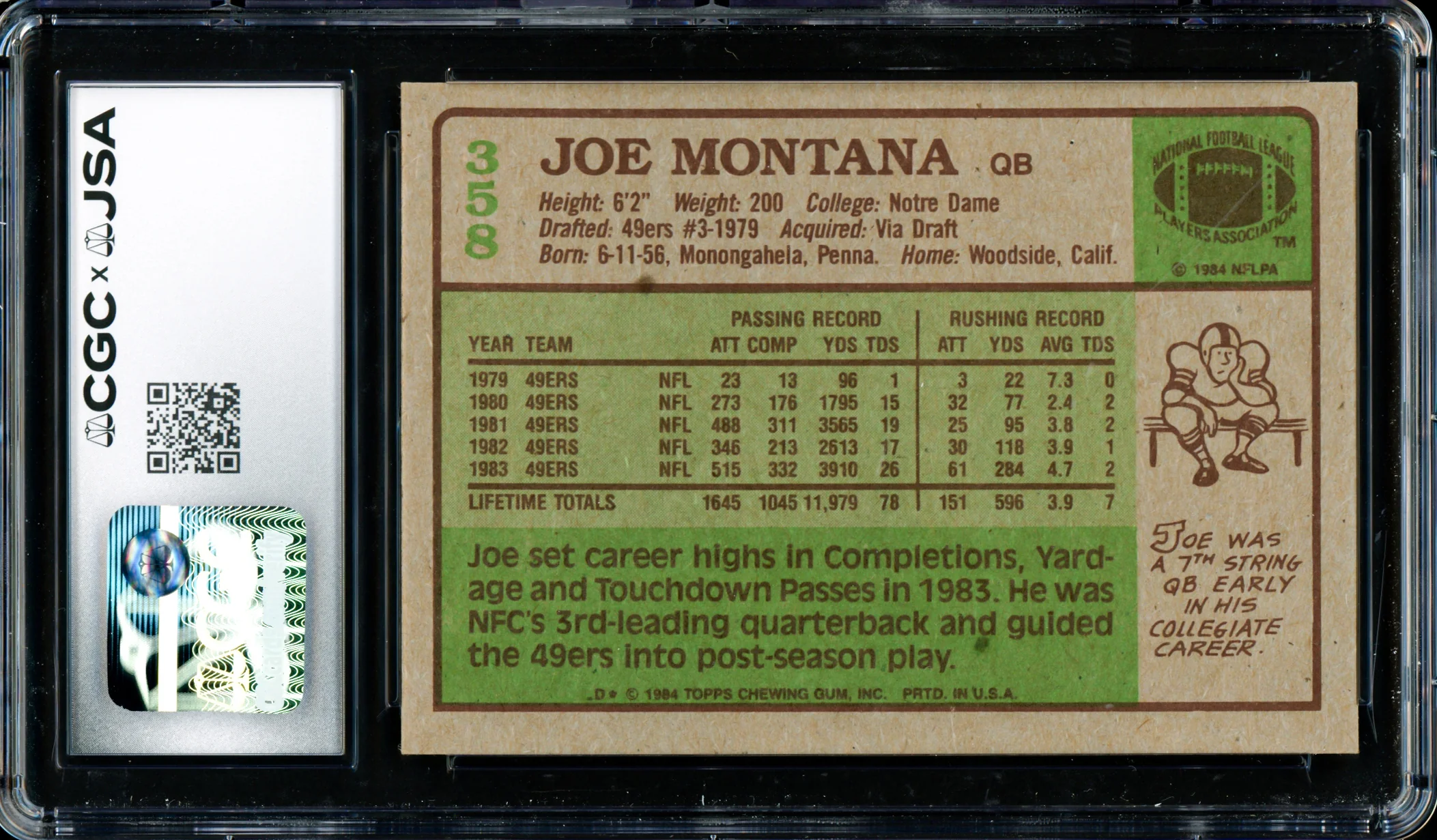 Joe Montana Autographed 1984 Topps Card #358 San Francisco 49ers CGC x JSA 8 Auto Grade Gem Mint 10 CGC x JSA Stock #254392 - Image 2