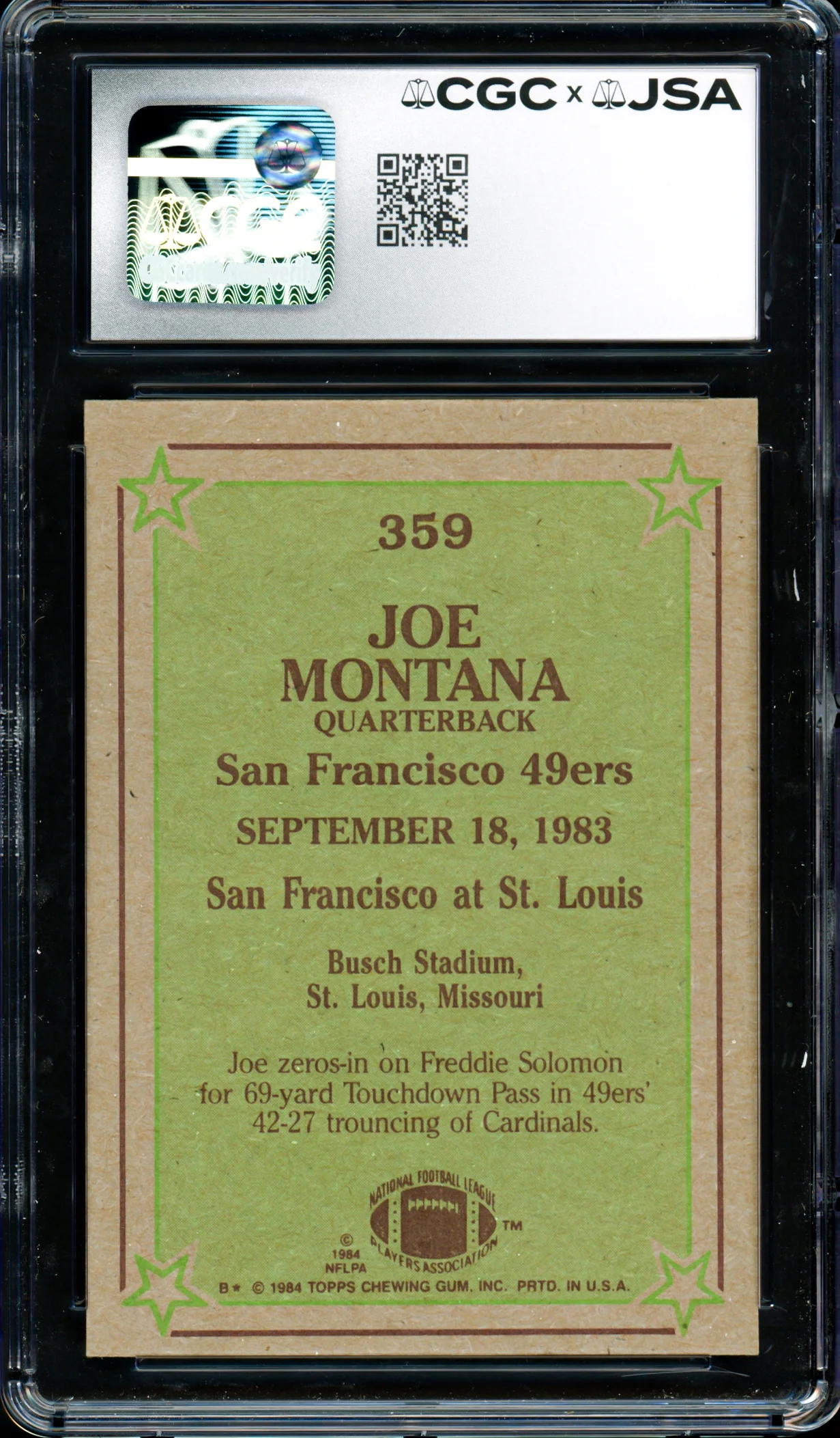 Joe Montana Autographed 1984 Topps Card #359 San Francisco 49ers Card Grade 8.5 CGC x JSA #6078164102 - Image 2