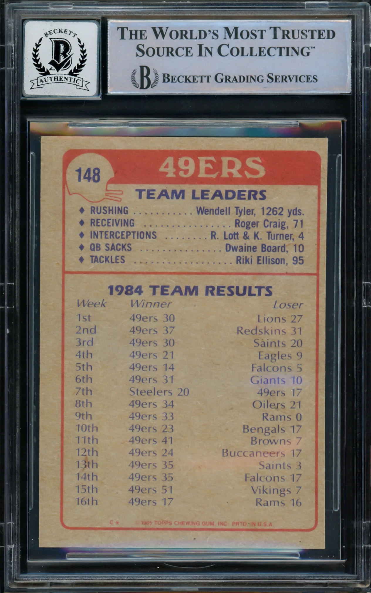Joe Montana Autographed 1985 Topps Card #148 San Francisco 49ers Auto Grade Gem Mint 10 Beckett BAS #16169961 - Image 2