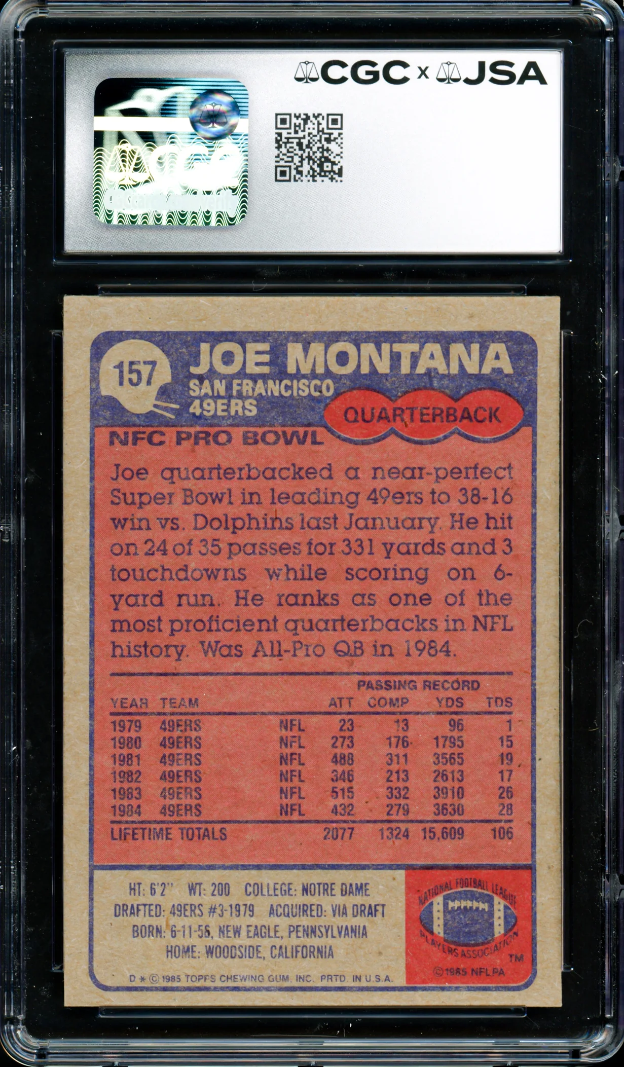 Joe Montana Autographed 1985 Topps Card #157 San Francisco 49ers Auto Grade Gem Mint 10 CGC x JSA #6078164117 - Image 2