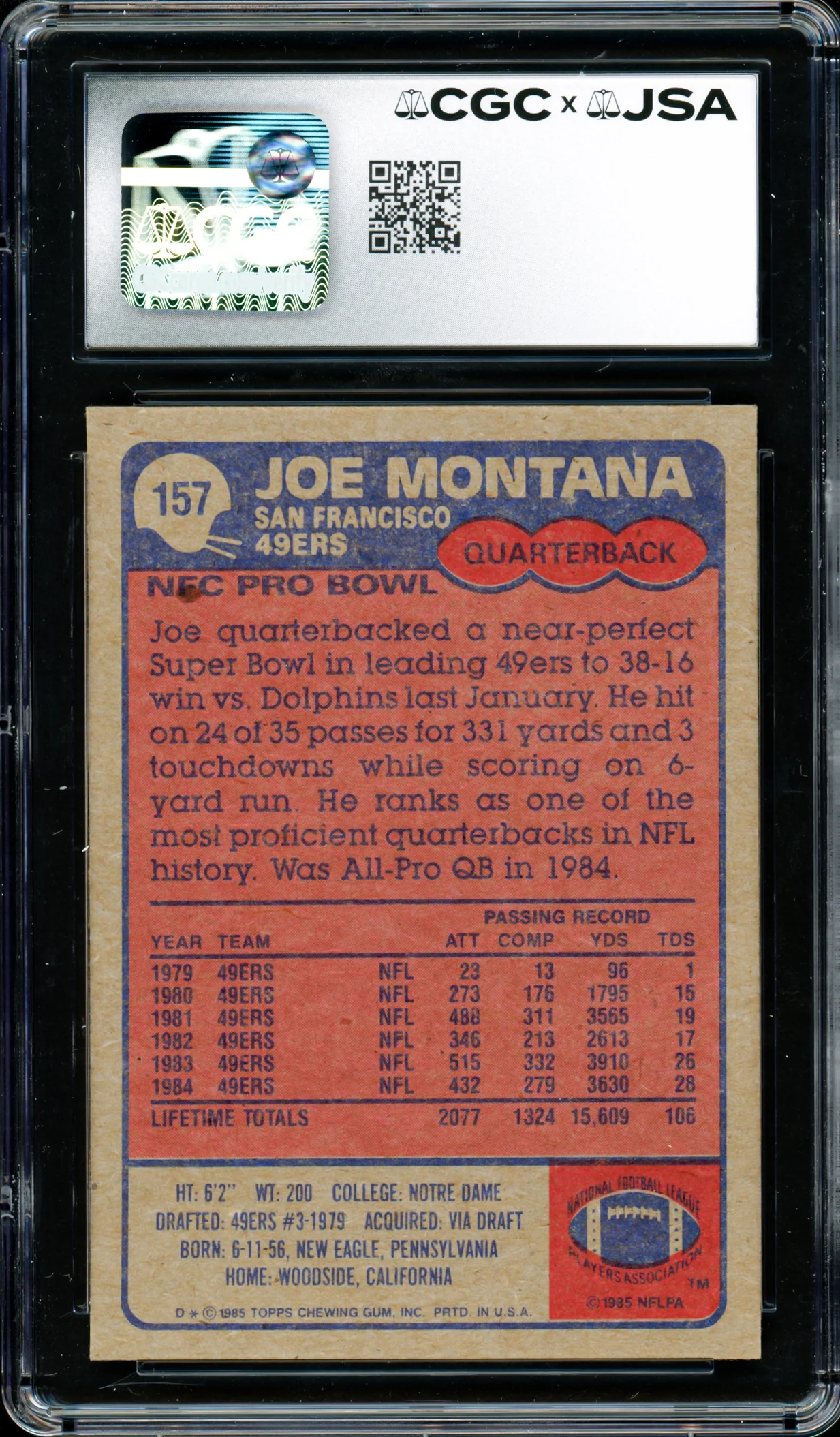 Joe Montana Autographed 1985 Topps Card #157 San Francisco 49ers Card Grade 8.5 Auto Grade Gem Mint 10 CGC x JSA #6078164109 - Image 2