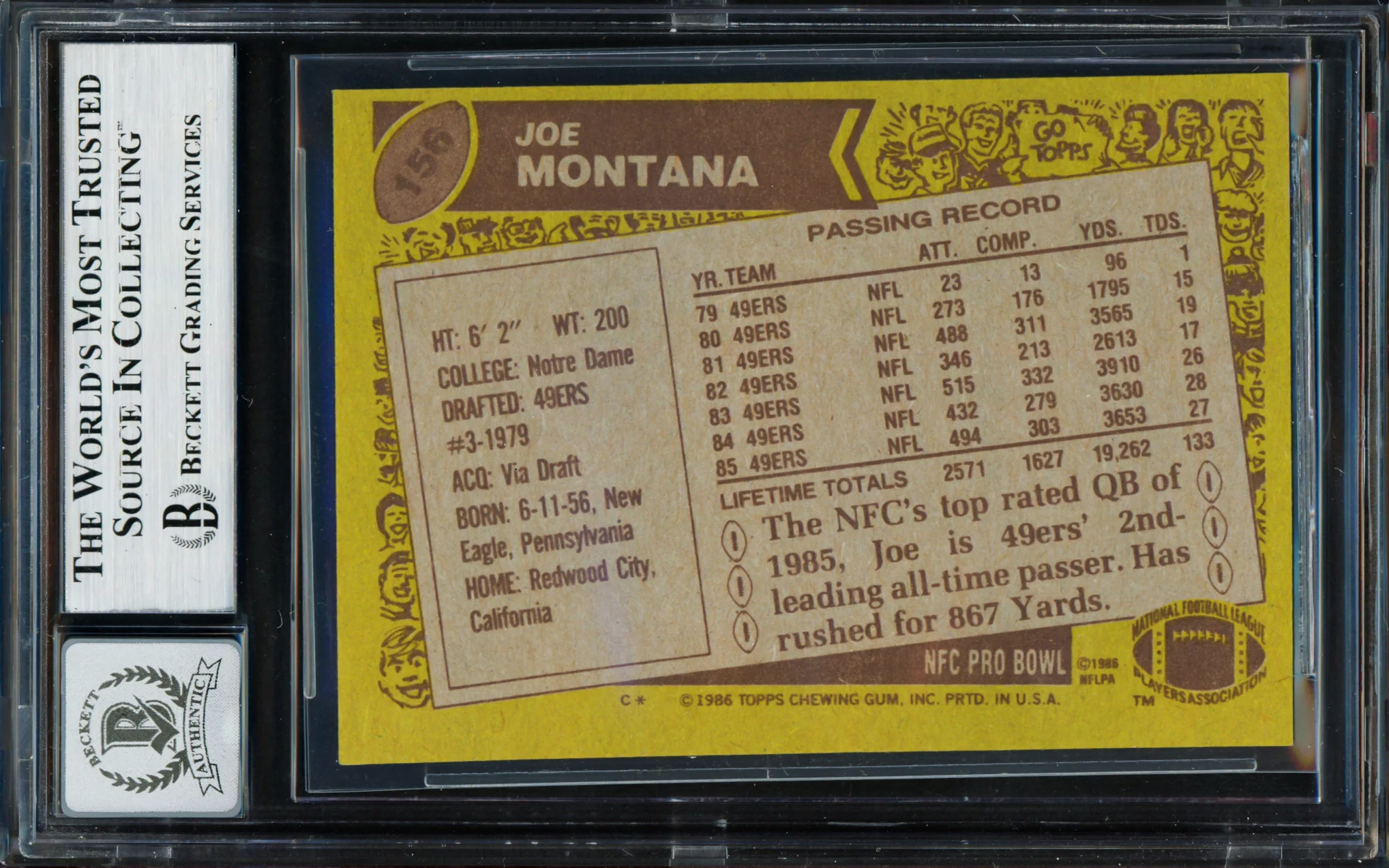 Joe Montana Autographed 1986 Topps Card #156 San Francisco 49ers Auto Grade Gem Mint 10 Beckett BAS Stock #261778 - Image 2