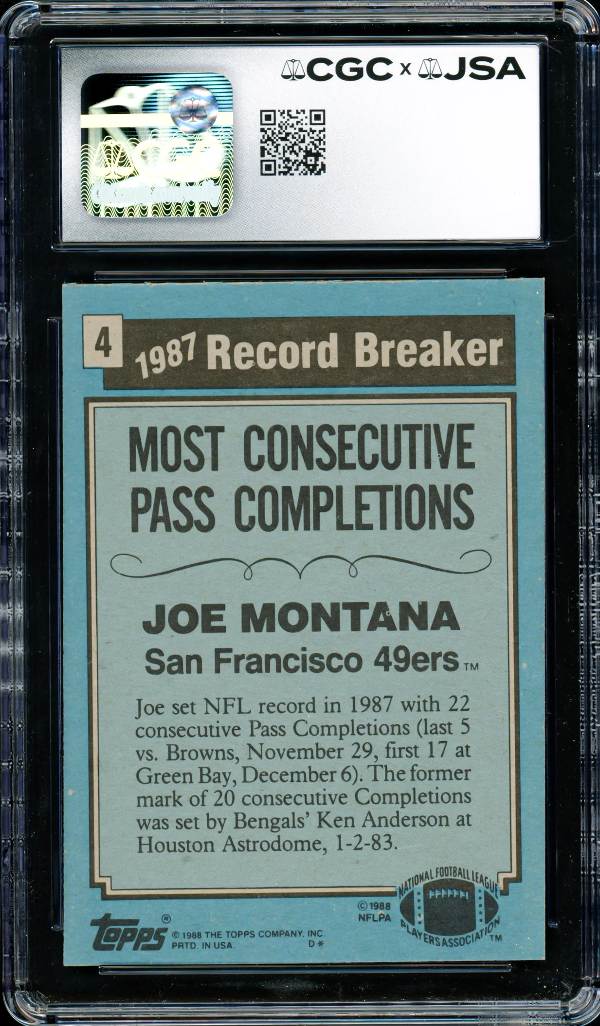 Joe Montana Autographed 1988 Topps Card #4 San Francisco 49ers Auto Grade Gem Mint 10 CGC x JSA Stock #254405 - Image 2