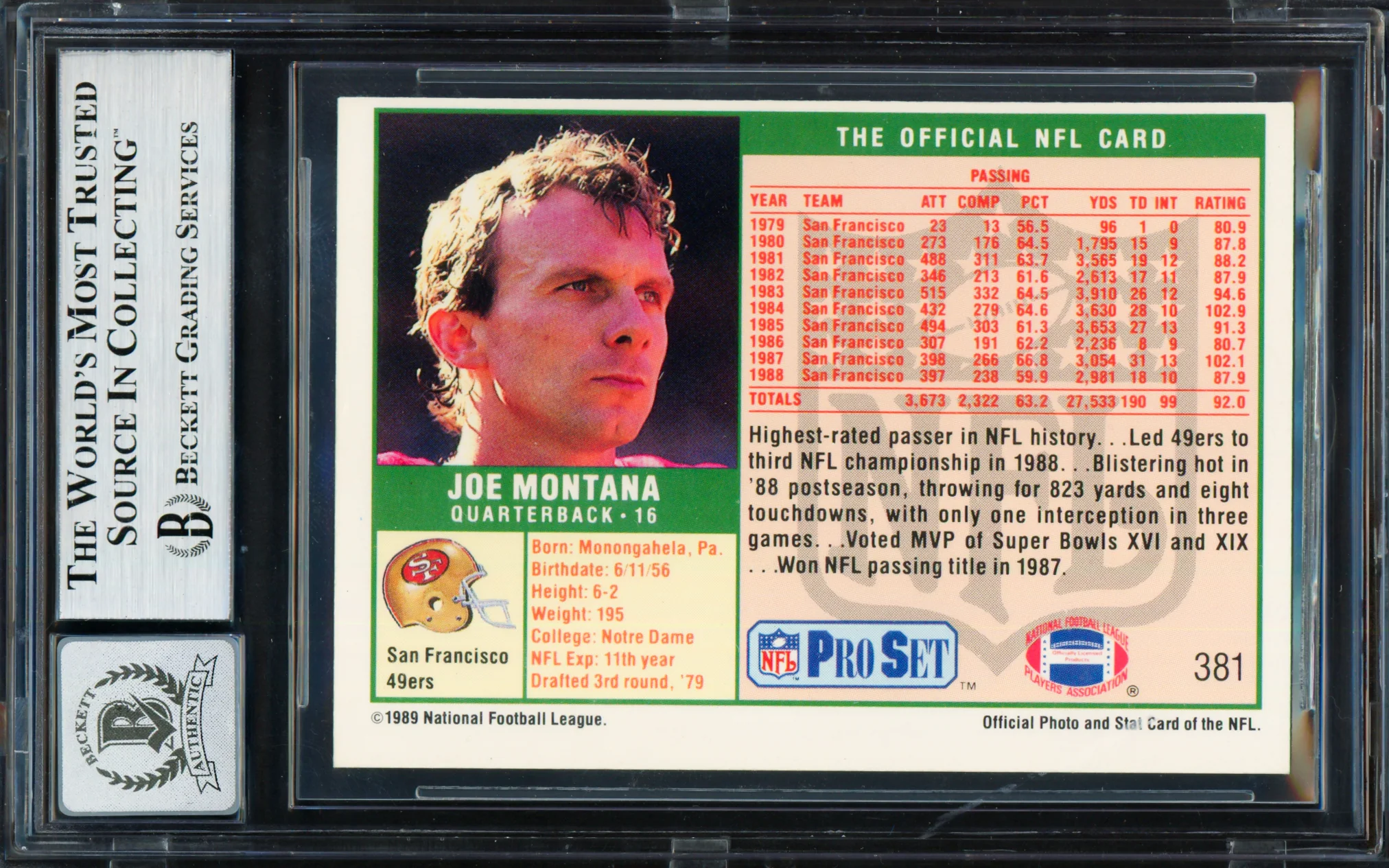 Joe Montana Autographed 1989 Pro Set Card #381 San Francisco 49ers Auto Grade Gem Mint 10 Beckett BAS #19659591 - Image 2