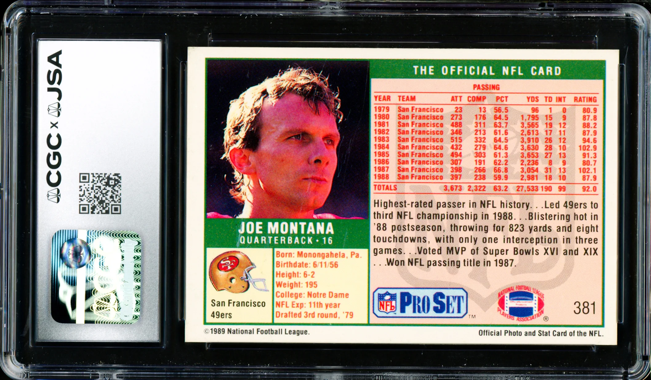 Joe Montana Autographed 1989 Pro Set Card #381 San Francisco 49ers Auto Grade Gem Mint 10 CGC x JSA Stock #254406 - Image 2