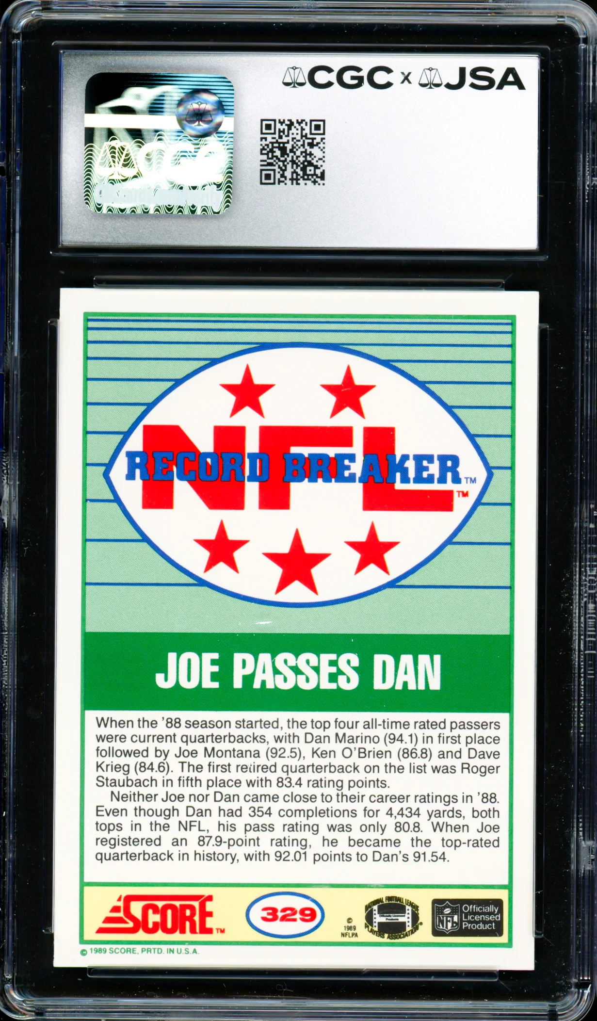 Joe Montana Autographed 1989 Score Card #329 San Francisco 49ers Auto Grade Gem Mint 10 CGC x JSA Stock #254411 - Image 2