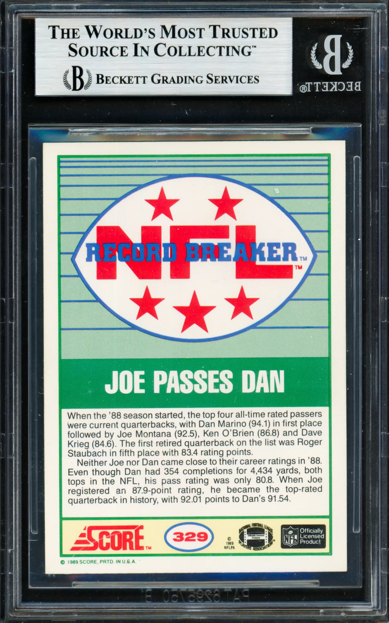 Joe Montana Autographed 1989 Score Card #329 San Francisco 49ers Beckett BAS #19212877 - Image 2