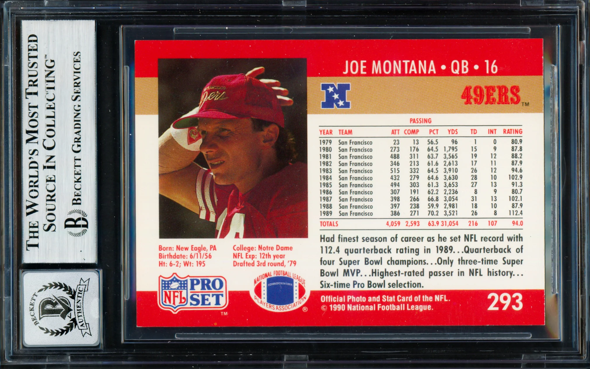 Joe Montana Autographed 1990 Pro Set Card #293 San Francisco 49ers Auto Grade Gem Mint 10 Beckett BAS Stock #261783 - Image 2