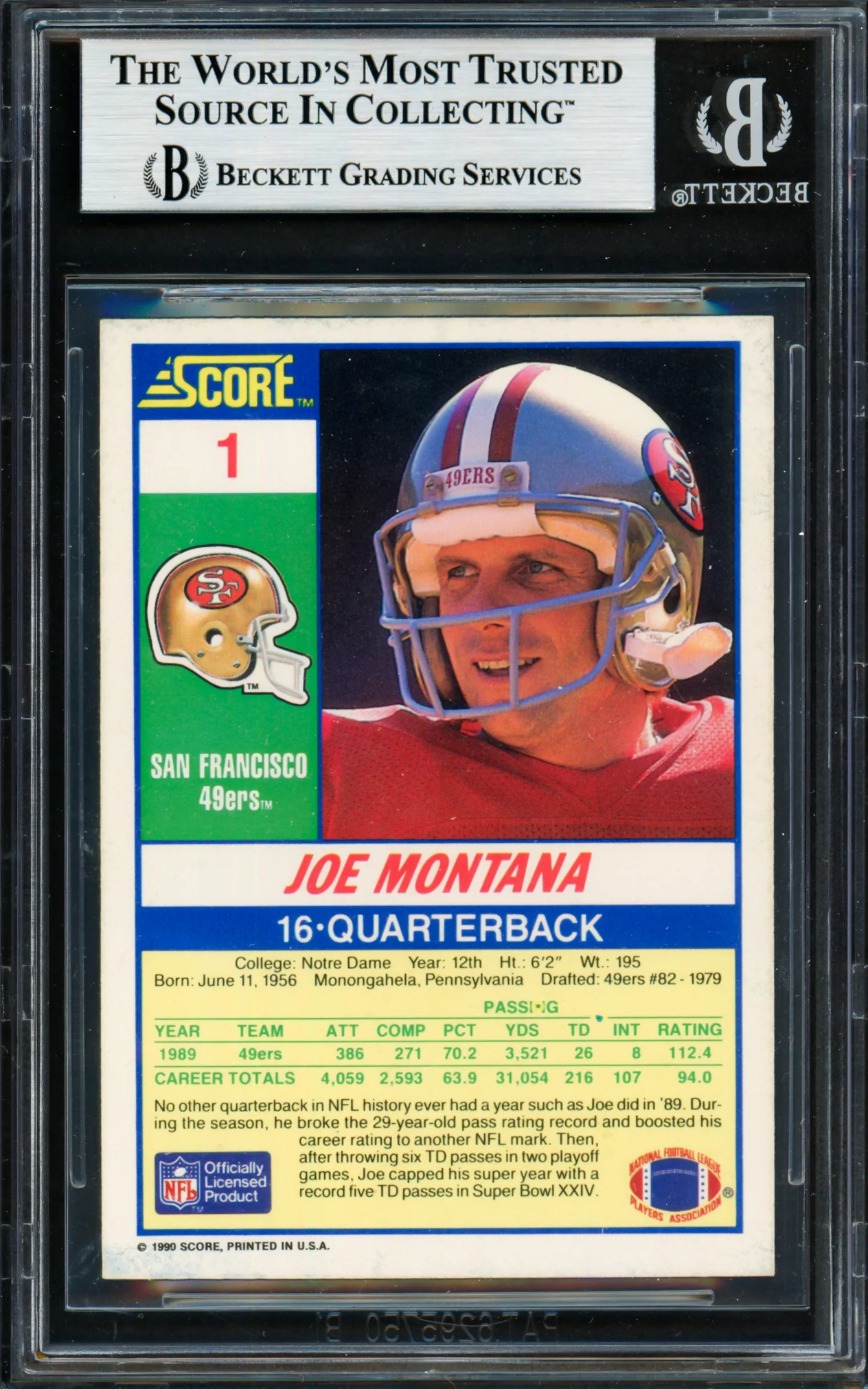 Joe Montana Autographed 1990 Score Card #1 San Francisco 49ers Beckett BAS #19212959 - Image 2