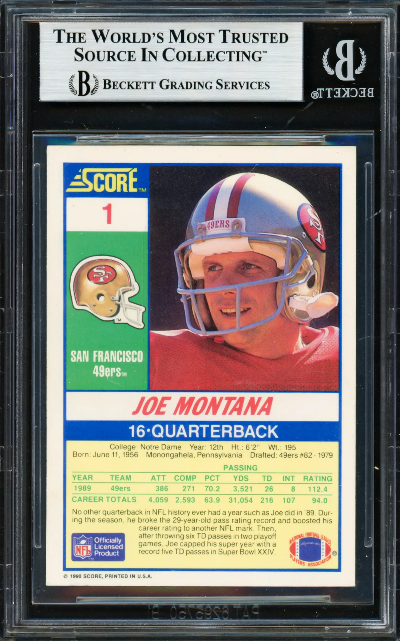 Joe Montana Autographed 1990 Score Card #1 San Francisco 49ers Beckett BAS #19212961 - Image 2
