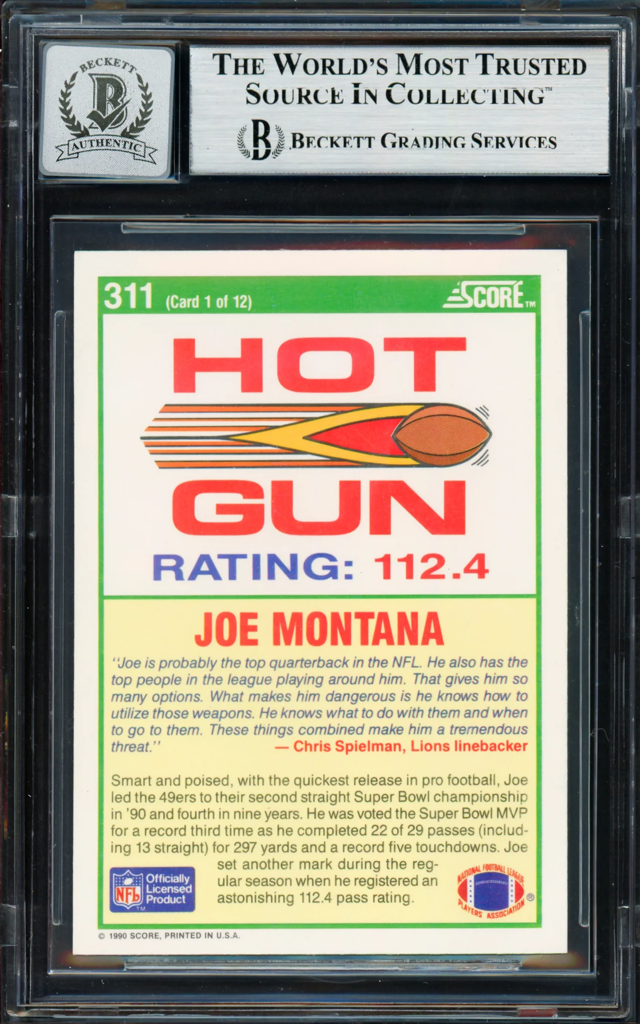 Joe Montana Autographed 1990 Score Card #311 San Francisco 49ers Auto Grade Gem Mint 10 Beckett BAS Stock #261790 - Image 2