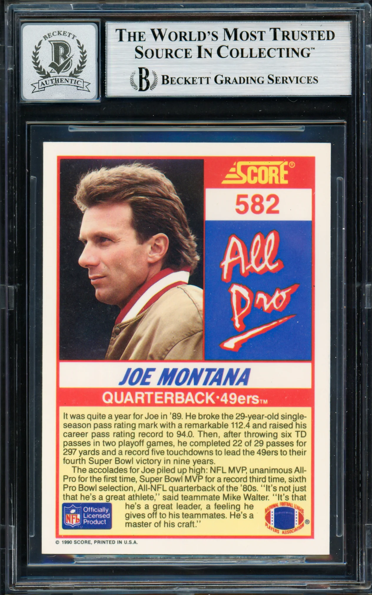 Joe Montana Autographed 1990 Score Card #582 San Francisco 49ers Auto Grade Gem Mint 10 Beckett BAS Stock #261791 - Image 2