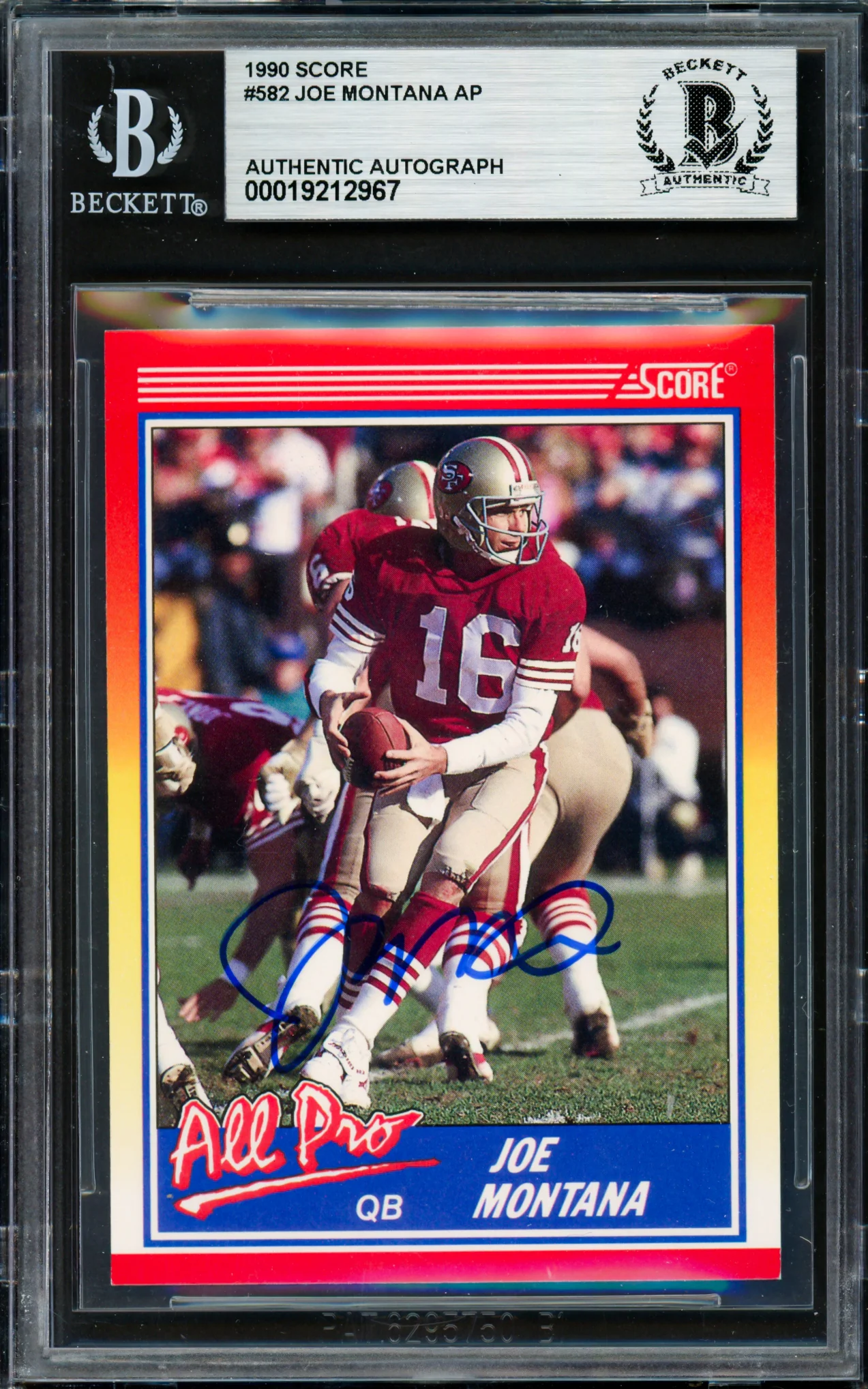 Joe Montana Autographed 1990 Score Card #582 San Francisco 49ers Beckett BAS #19212967