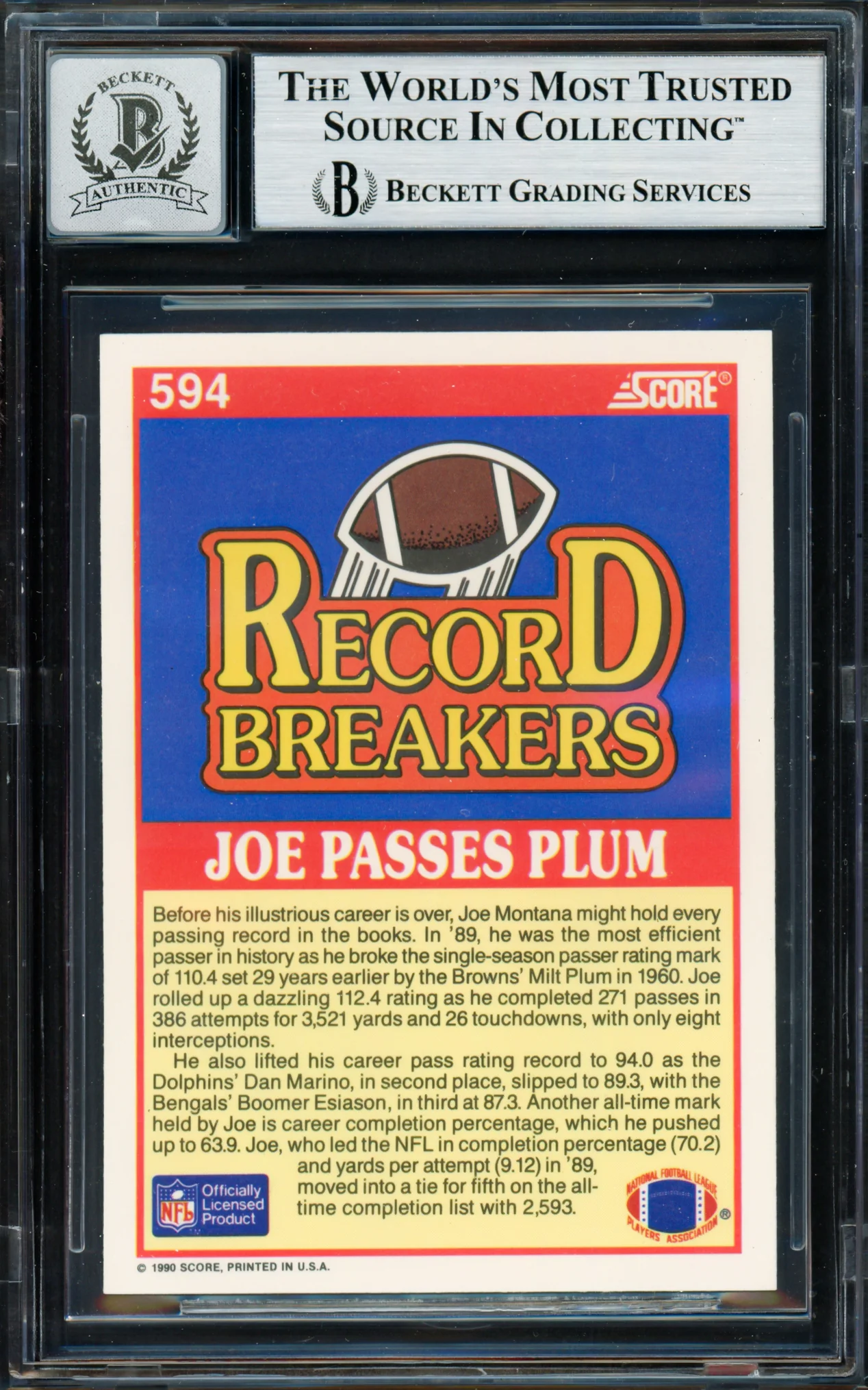 Joe Montana Autographed 1990 Score Card #594 San Francisco 49ers Auto Grade Gem Mint 10 Beckett BAS Stock #261792 - Image 2