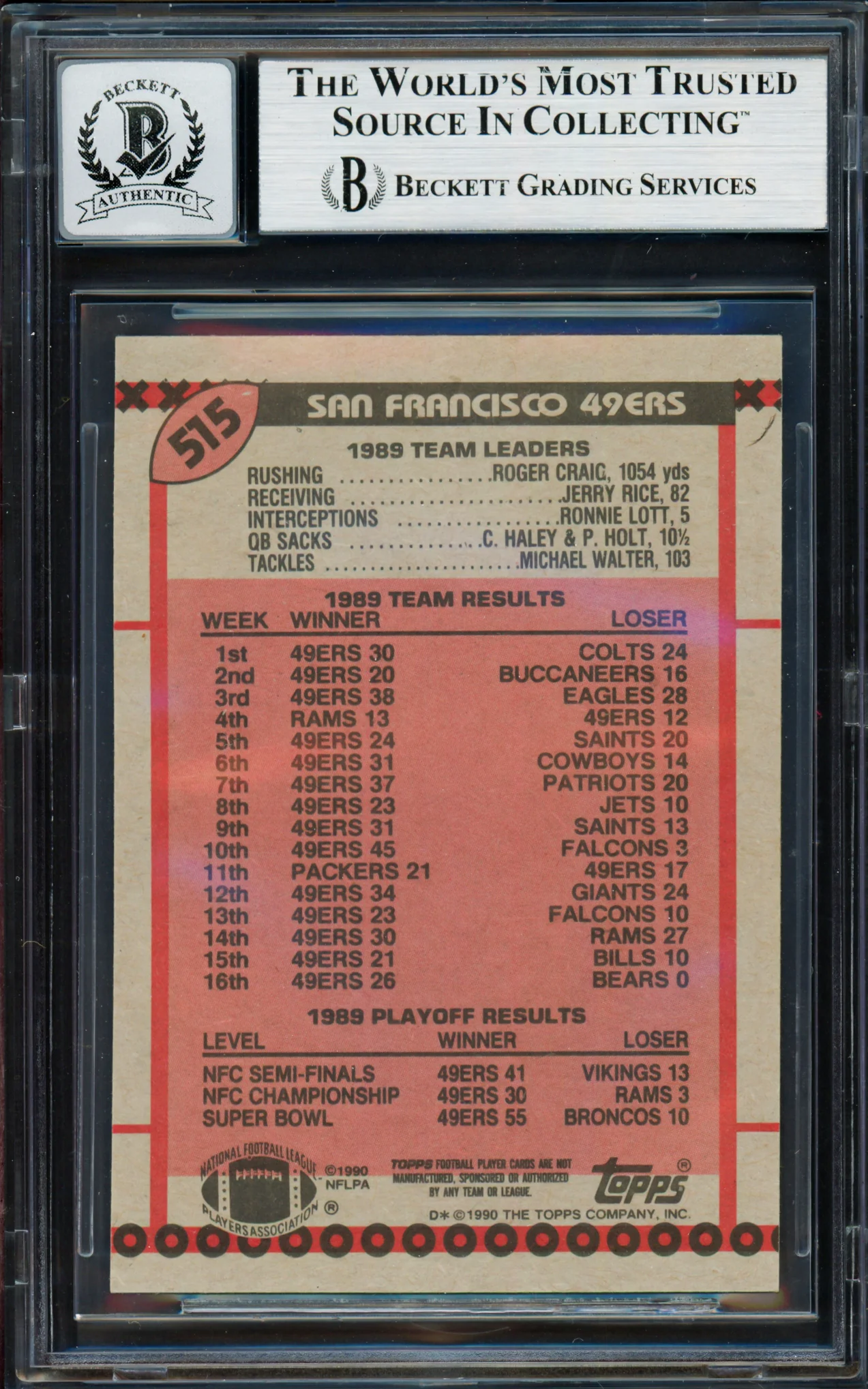 Joe Montana Autographed 1990 Topps Card #515 San Francisco 49ers Auto Grade Gem Mint 10 Beckett BAS #19662645 - Image 2