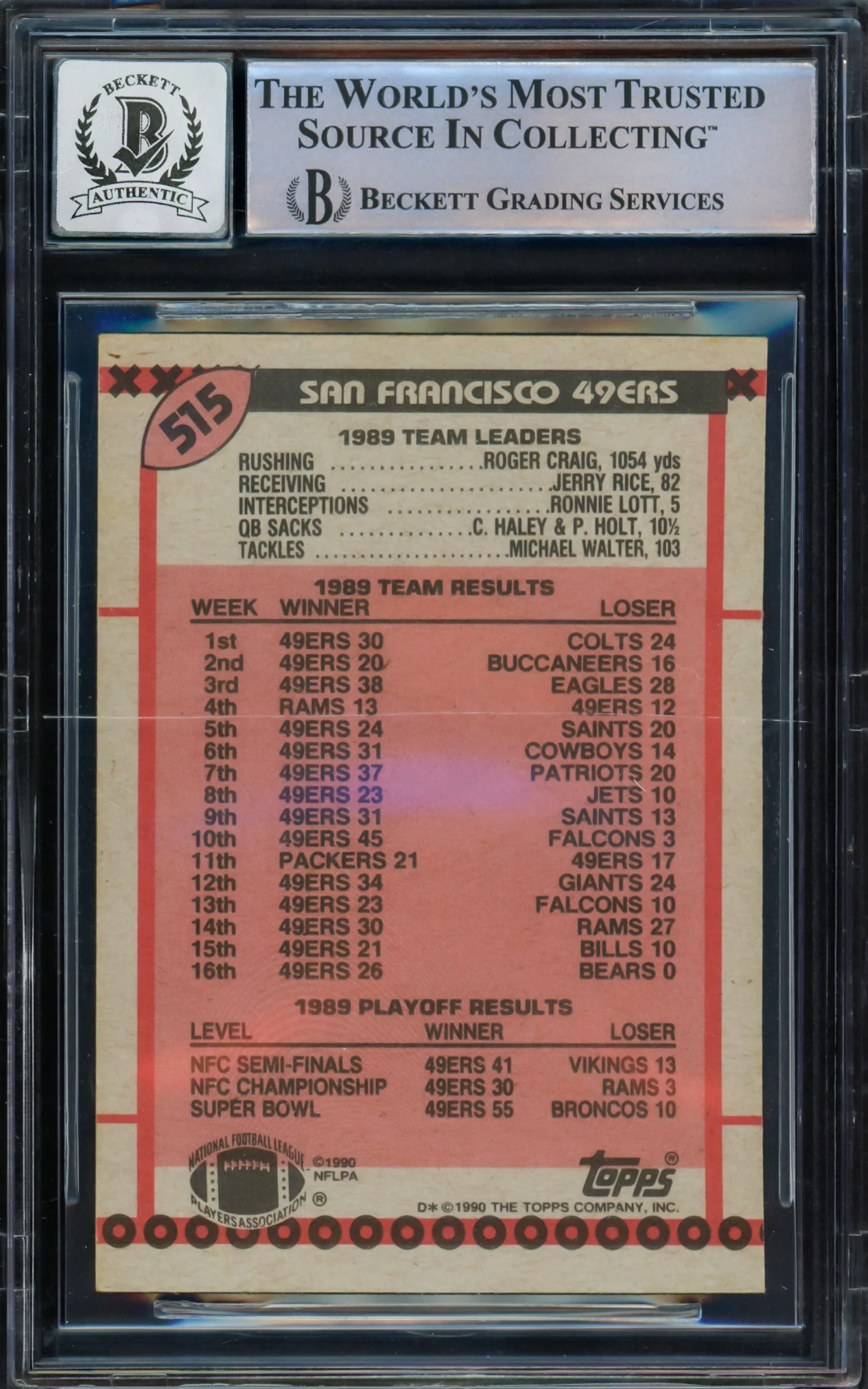 Joe Montana Autographed 1990 Topps Card #515 San Francisco 49ers Auto Grade Gem Mint 10 Beckett BAS Stock #228996 - Image 2