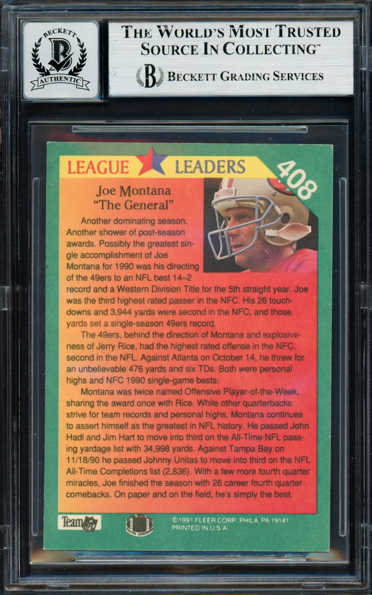 Joe Montana Autographed 1991 Fleer Card #408 San Francisco 49ers Auto Grade Gem Mint 10 Beckett BAS #19662597 - Image 2