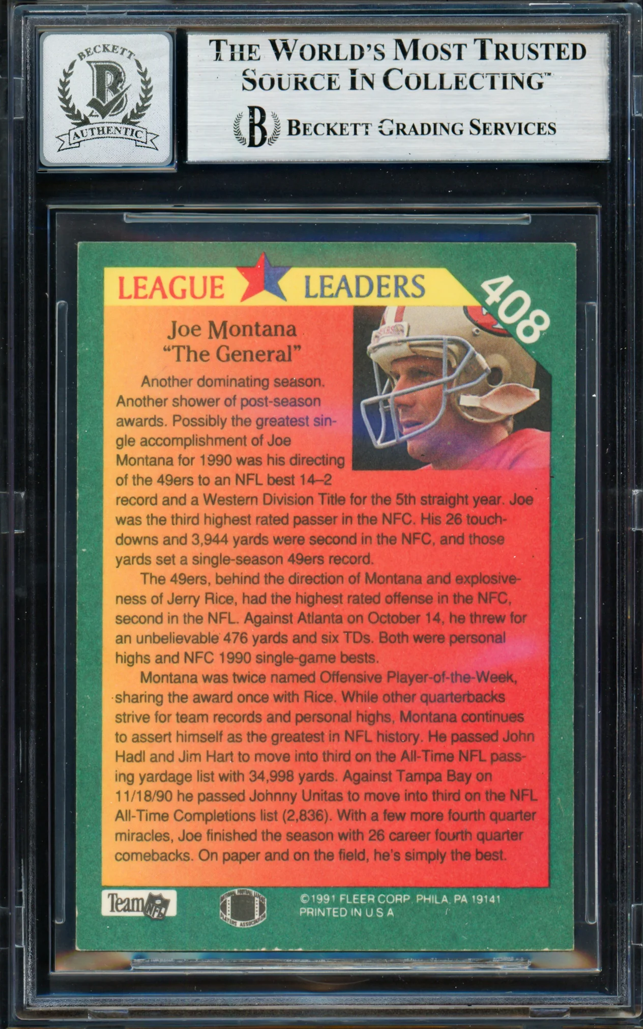 Joe Montana Autographed 1991 Fleer Card #408 San Francisco 49ers Auto Grade Gem Mint 10 Beckett BAS #19662599 - Image 2