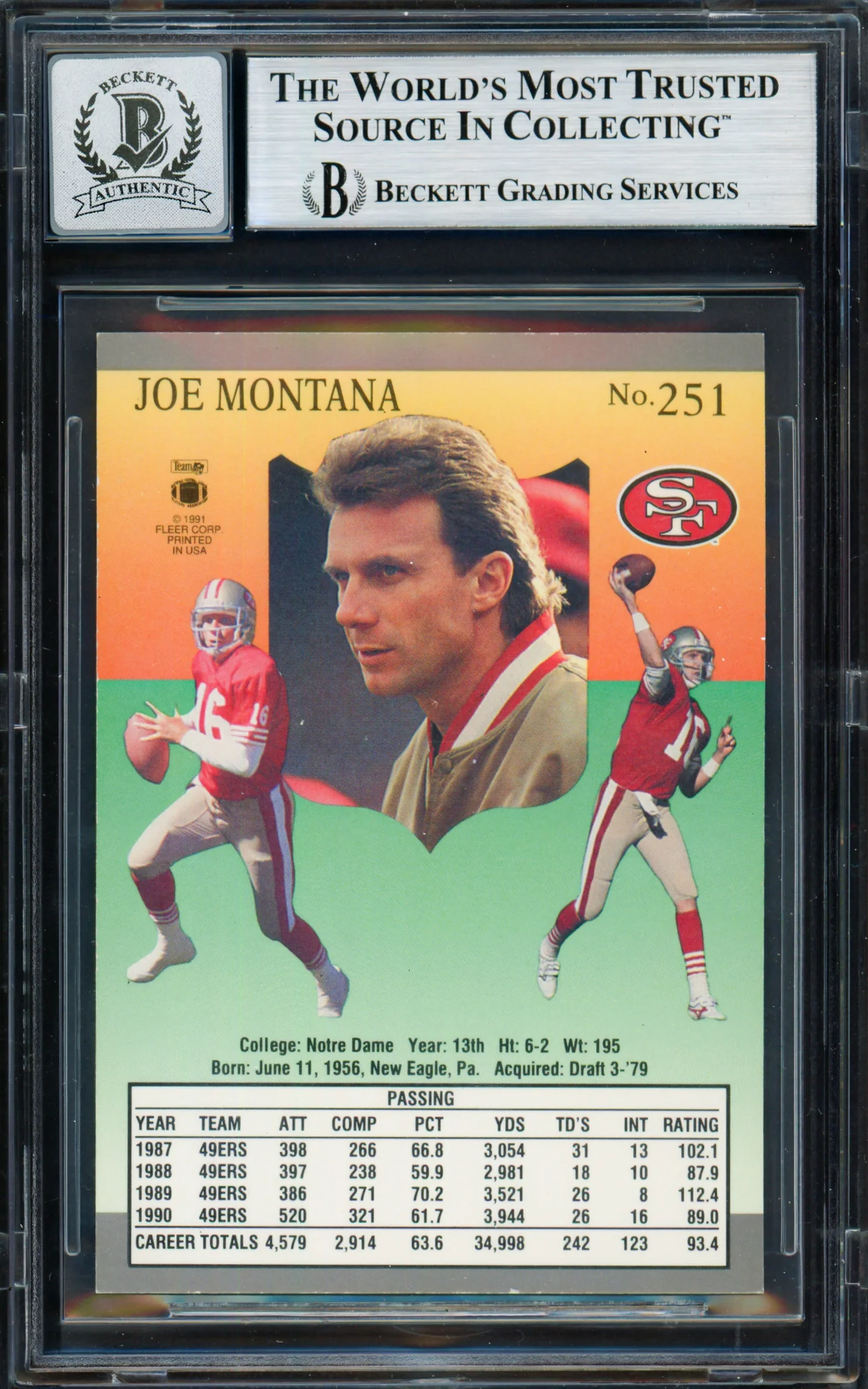 Joe Montana Autographed 1991 Fleer Ultra Card #251 San Francisco 49ers Auto Grade Gem Mint 10 Beckett BAS Stock #261793 - Image 2