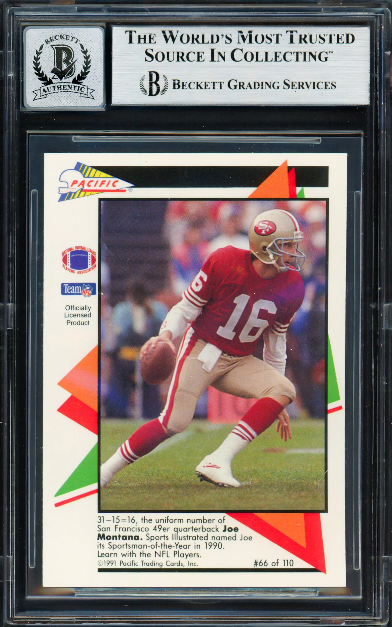 Joe Montana Autographed 1991 Pacific Flash Cards Card #66 San Francisco 49ers Auto Grade Gem Mint 10 Beckett BAS #19662785 - Image 2