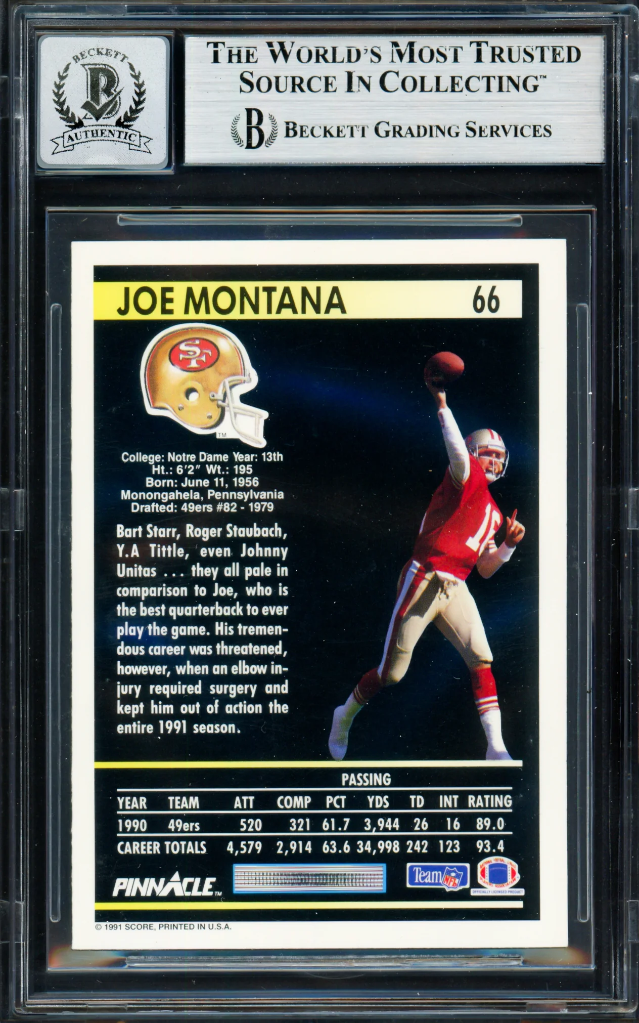 Joe Montana Autographed 1991 Pinnacle Card #66 San Francisco 49ers Auto Grade Gem Mint 10 Beckett BAS Stock #261795 - Image 2