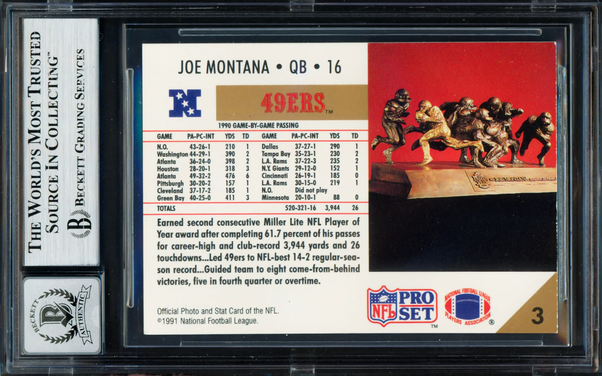 Joe Montana Autographed 1991 Pro Set Card #3 San Francisco 49ers Auto Grade Gem Mint 10 Beckett BAS Stock #261796 - Image 2