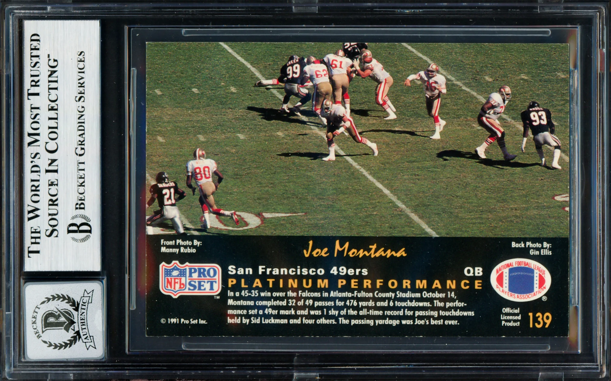 Joe Montana Autographed 1991 Pro Set Platinum Card #139 San Francisco 49ers Auto Grade Gem Mint 10 Beckett BAS Stock #261800 - Image 2