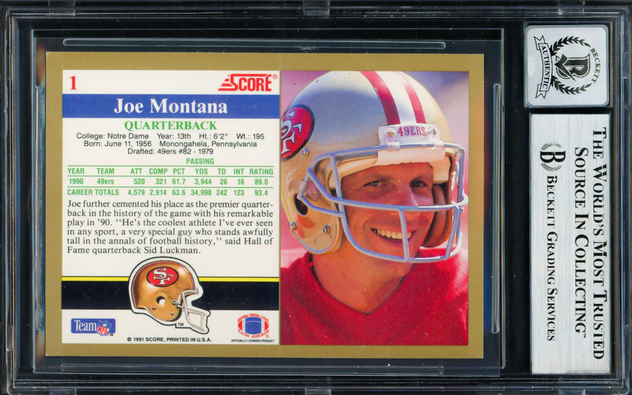 Joe Montana Autographed 1991 Score Card #1 San Francisco 49ers Auto Grade Gem Mint 10 Beckett BAS #19663063 - Image 2
