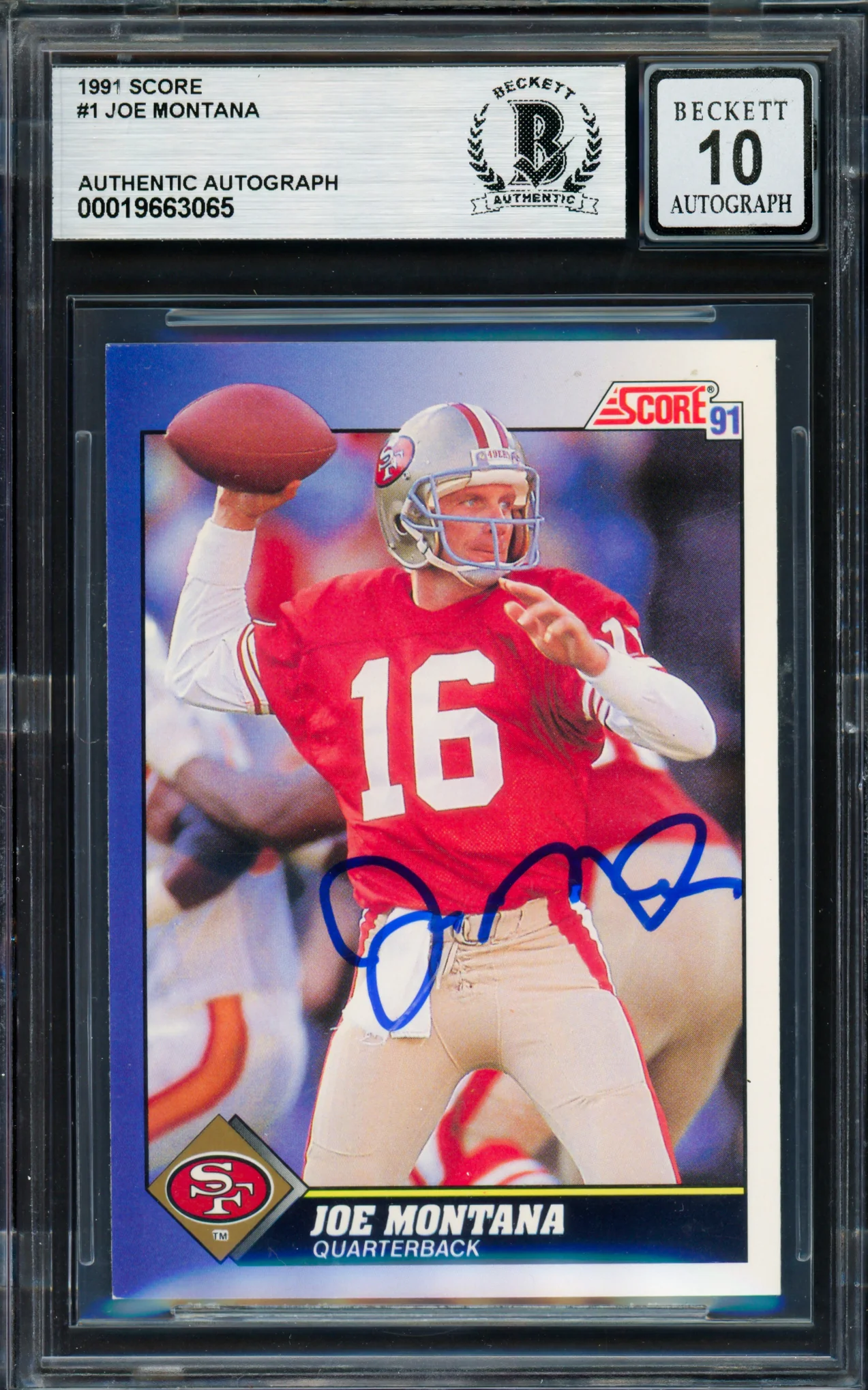 Joe Montana Autographed 1991 Score Card #1 San Francisco 49ers Auto Grade Gem Mint 10 Beckett BAS #19663065