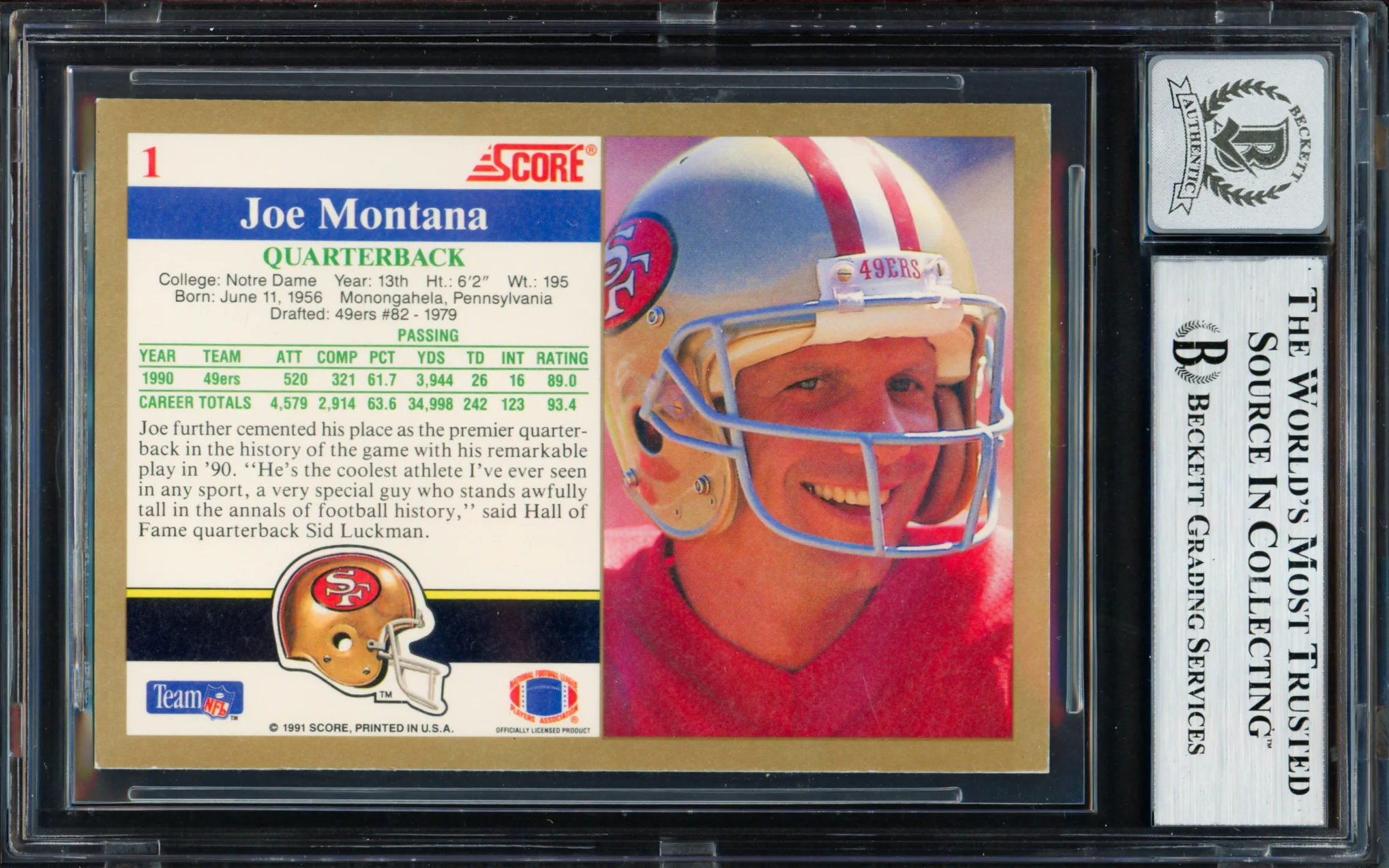 Joe Montana Autographed 1991 Score Card #1 San Francisco 49ers Auto Grade Gem Mint 10 Beckett BAS #19663065 - Image 2