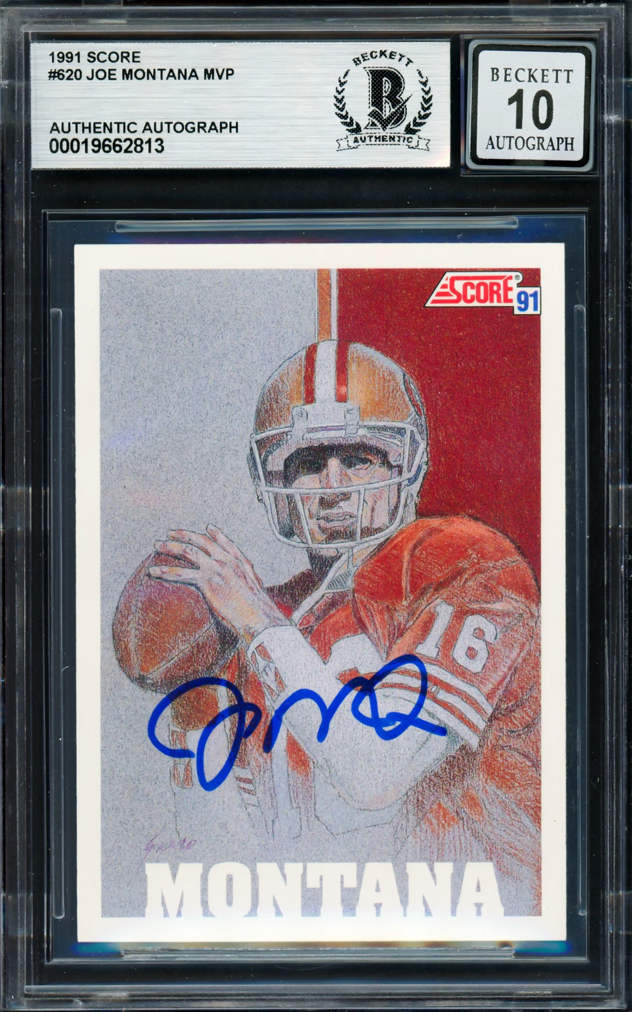 Joe Montana Autographed 1991 Score Card #620 San Francisco 49ers Auto Grade Gem Mint 10 Beckett BAS #19662813