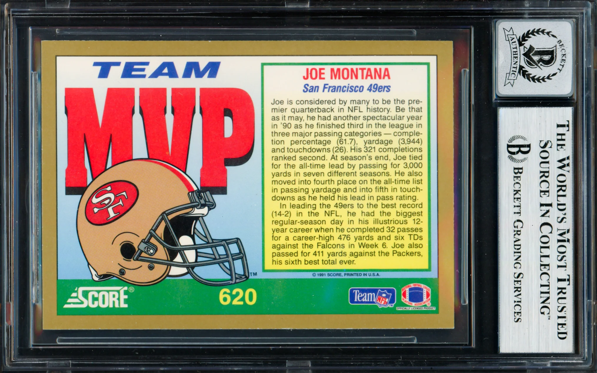Joe Montana Autographed 1991 Score Card #620 San Francisco 49ers Auto Grade Gem Mint 10 Beckett BAS #19662813 - Image 2