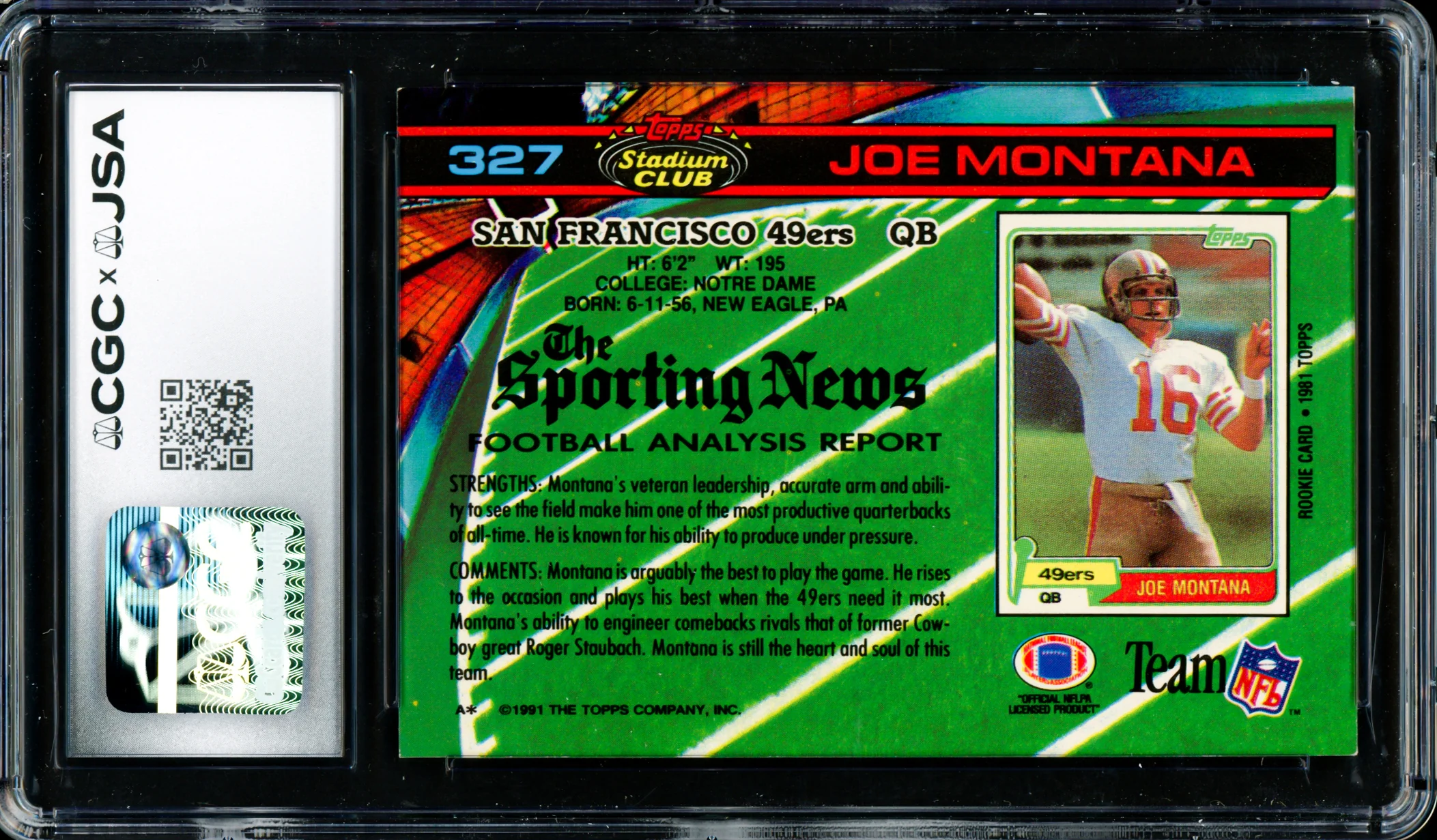 Joe Montana Autographed 1991 Stadium Club Card #327 San Francisco 49ers Auto Grade Gem Mint 10 CGC x JSA #6078171088 - Image 2