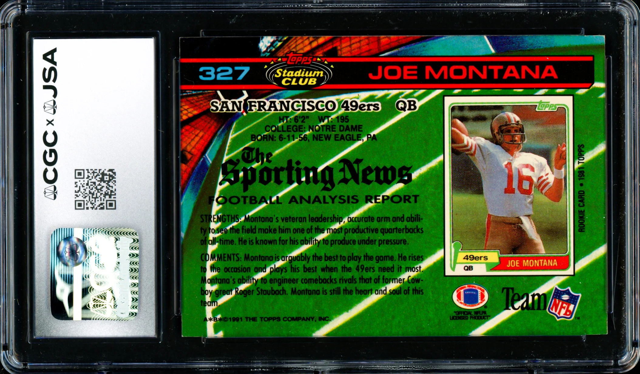 Joe Montana Autographed 1991 Stadium Club Card #327 San Francisco 49ers CGC x JSA Stock #254417 - Image 2
