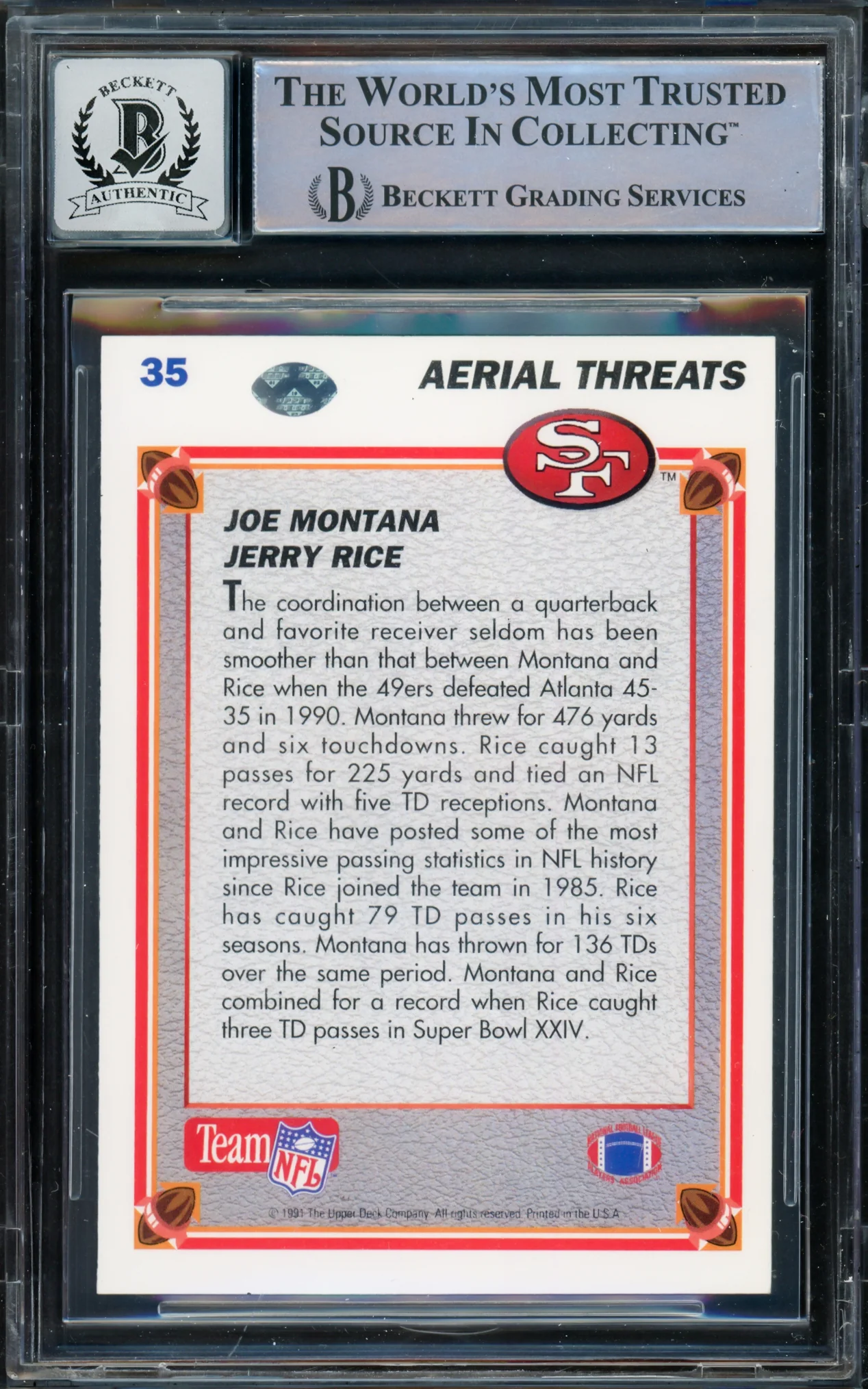 Joe Montana Autographed 1991 Upper Deck Card #35 San Francisco 49ers Auto Grade Gem Mint 10 Beckett BAS #16170556 - Image 2