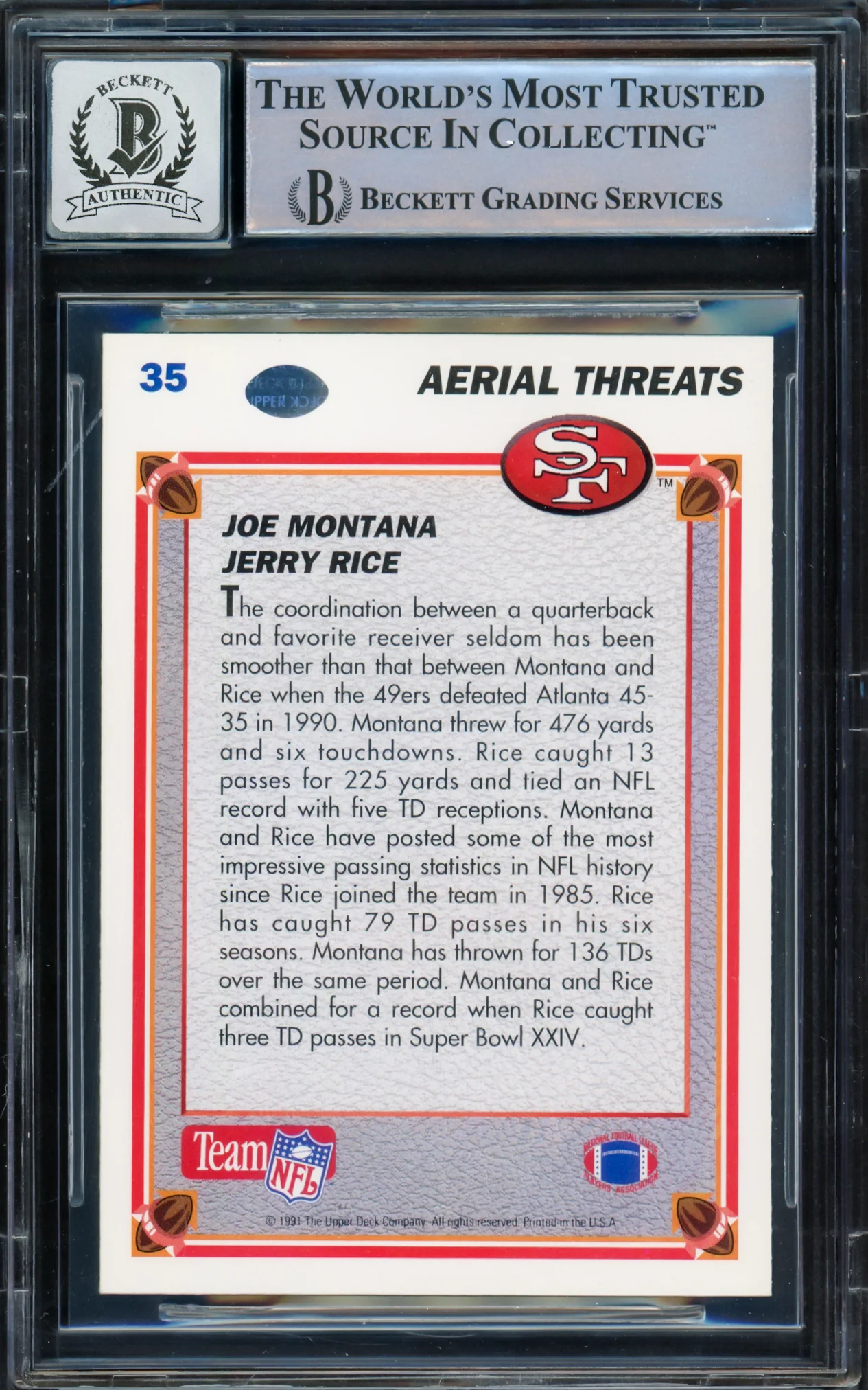 Joe Montana Autographed 1991 Upper Deck Card #35 San Francisco 49ers Auto Grade Gem Mint 10 Beckett BAS #16543108 - Image 2