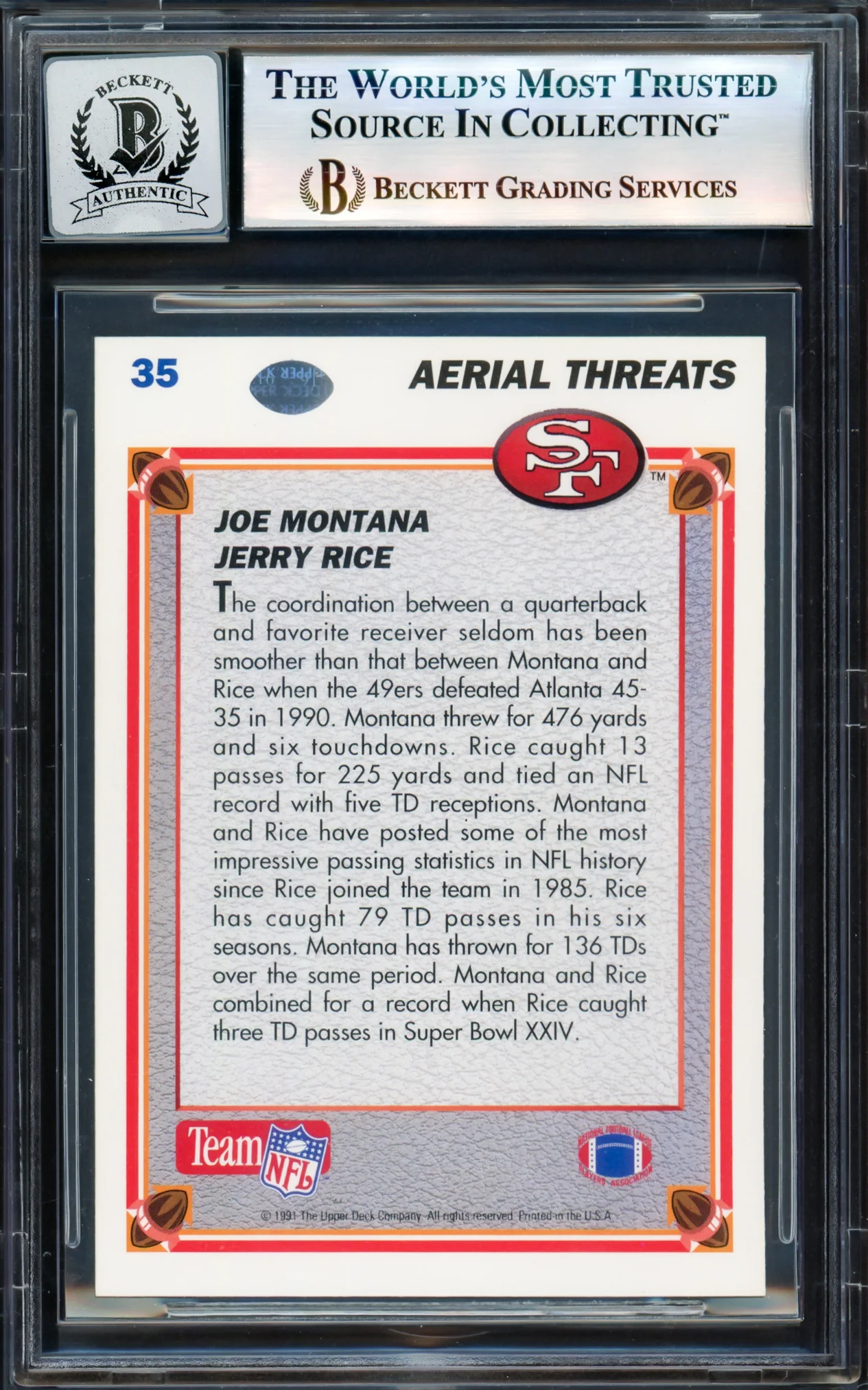 Joe Montana Autographed 1991 Upper Deck Card #35 San Francisco 49ers Auto Grade Gem Mint 10 Beckett BAS Stock #238912 - Image 2