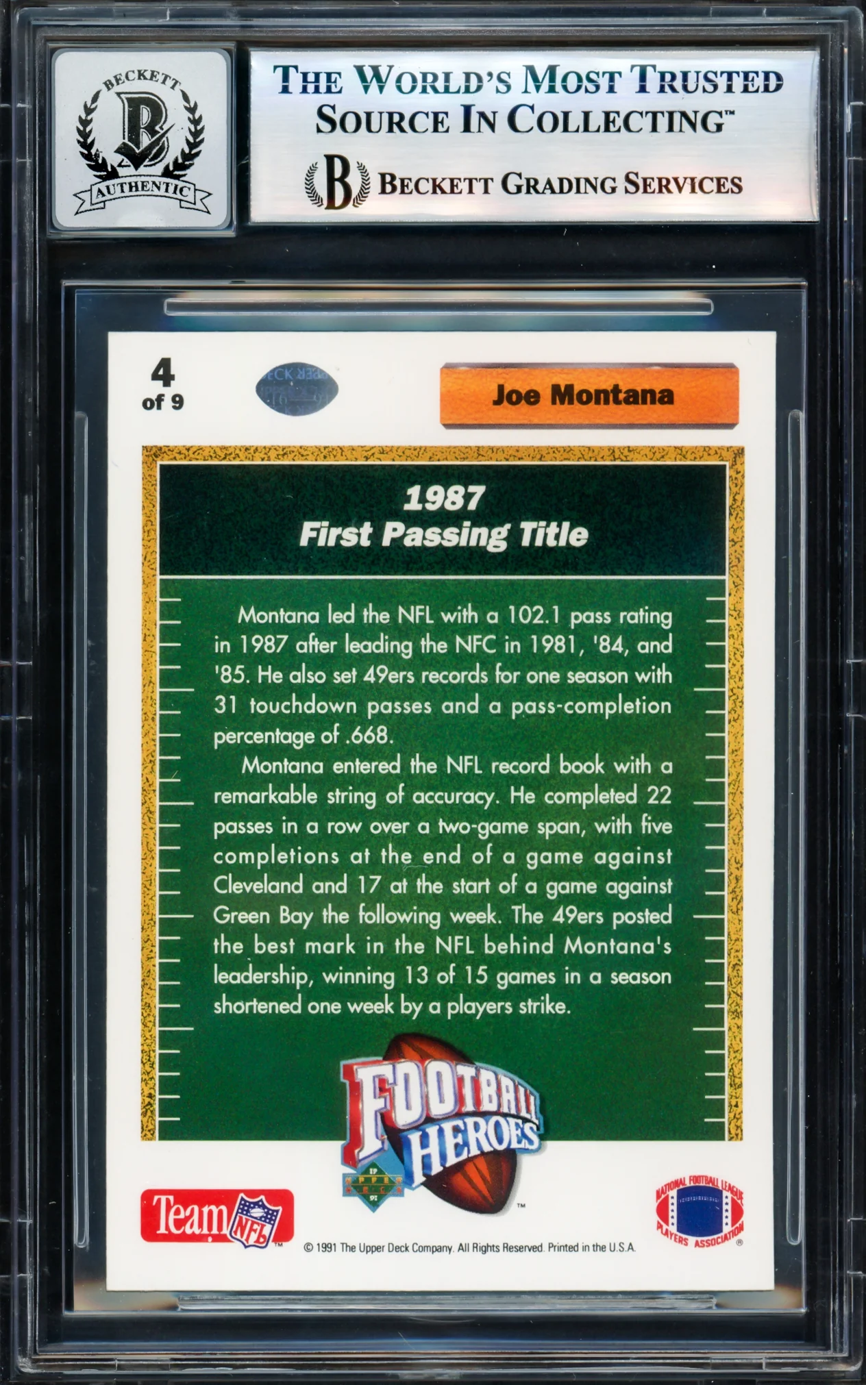 Joe Montana Autographed 1991 Upper Deck Heroes Card #4 San Francisco 49ers Auto Grade Gem Mint 10 Beckett BAS #17604089 - Image 2